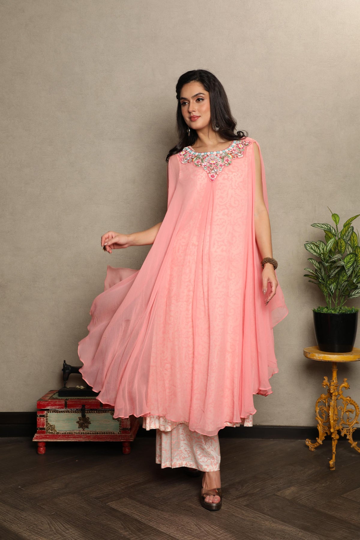 Blush Pink Embellished Chiffon Silk Kurta Set
