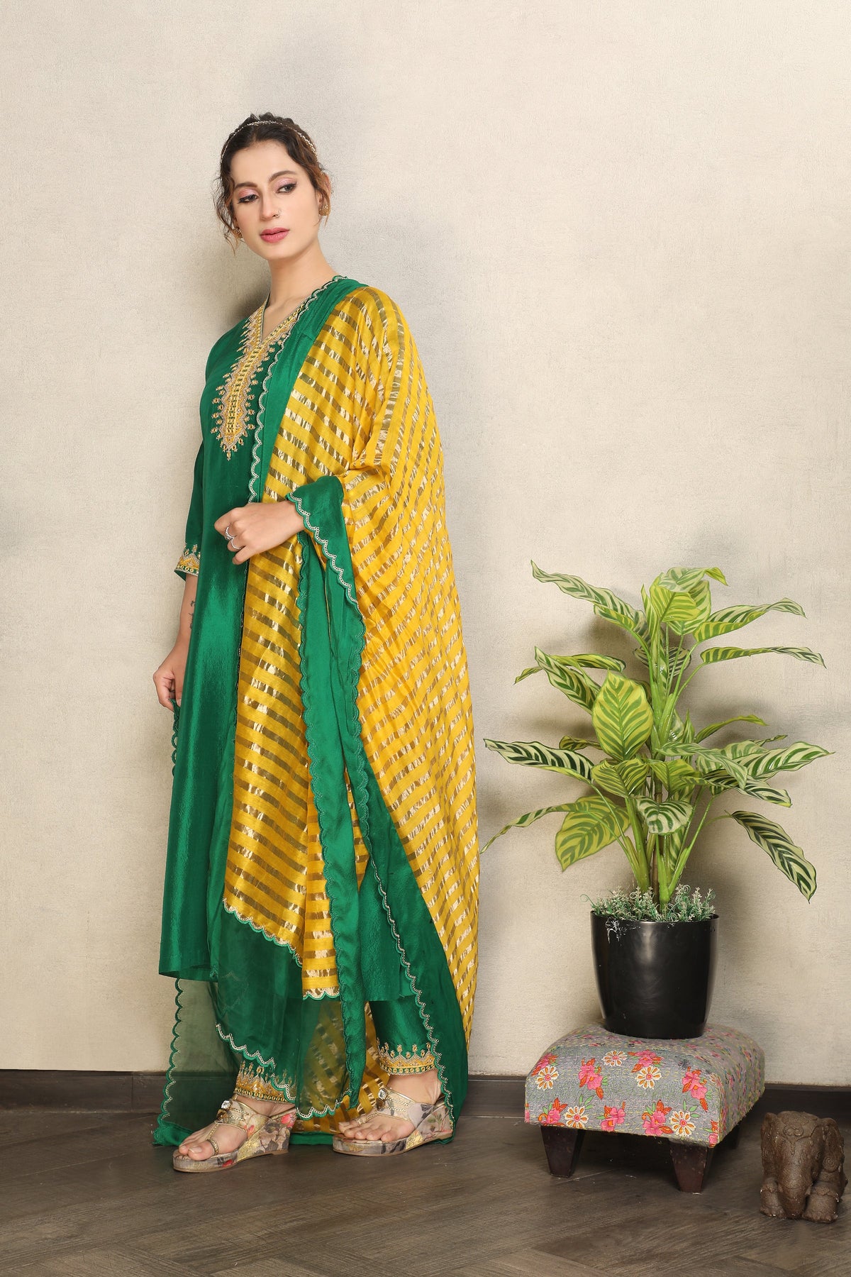 Regal Green Embellished Premium Dupion Silk Pant Set