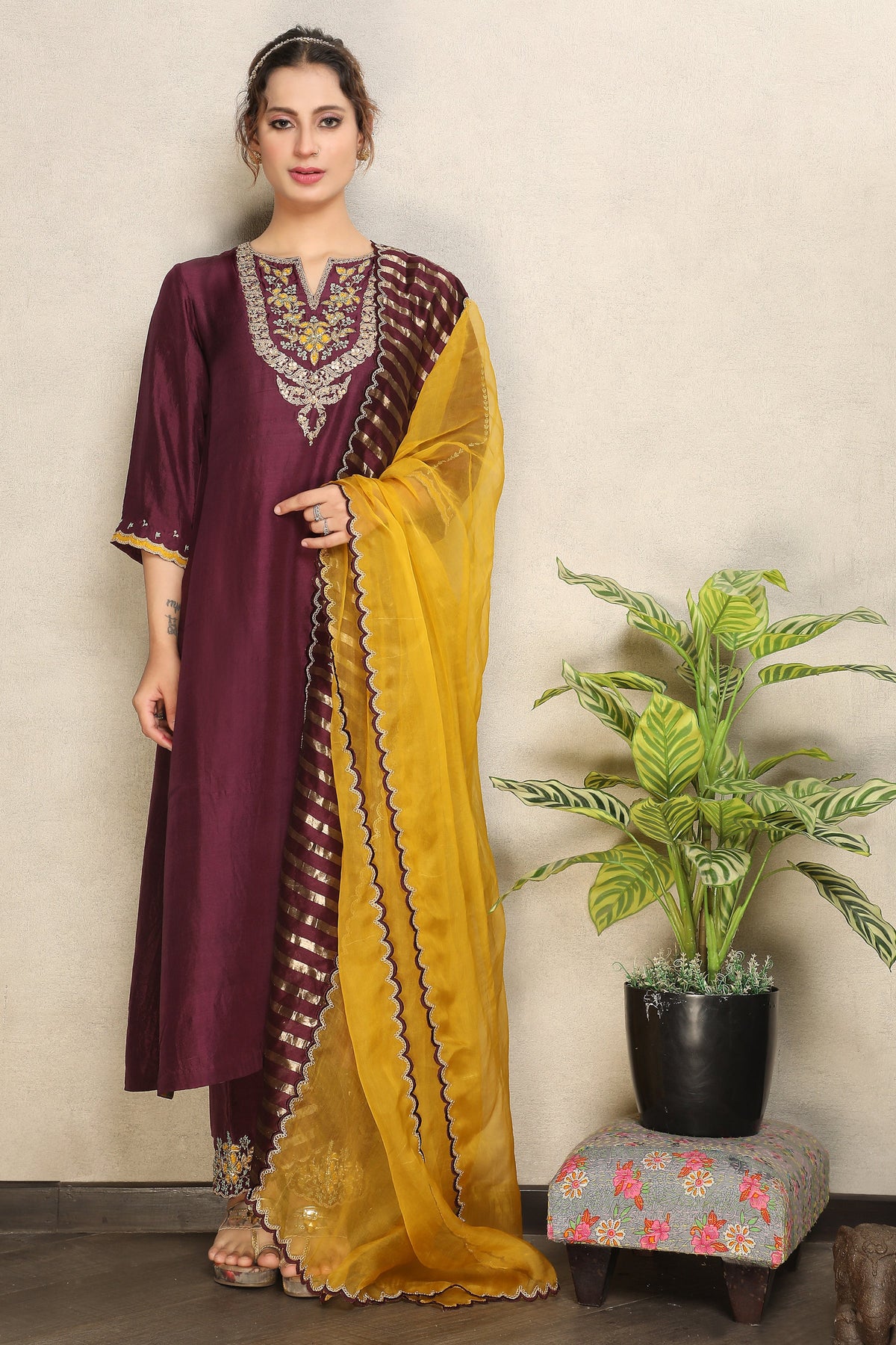 Regal Wine Embellished Premium Dupion Silk Pant Set
