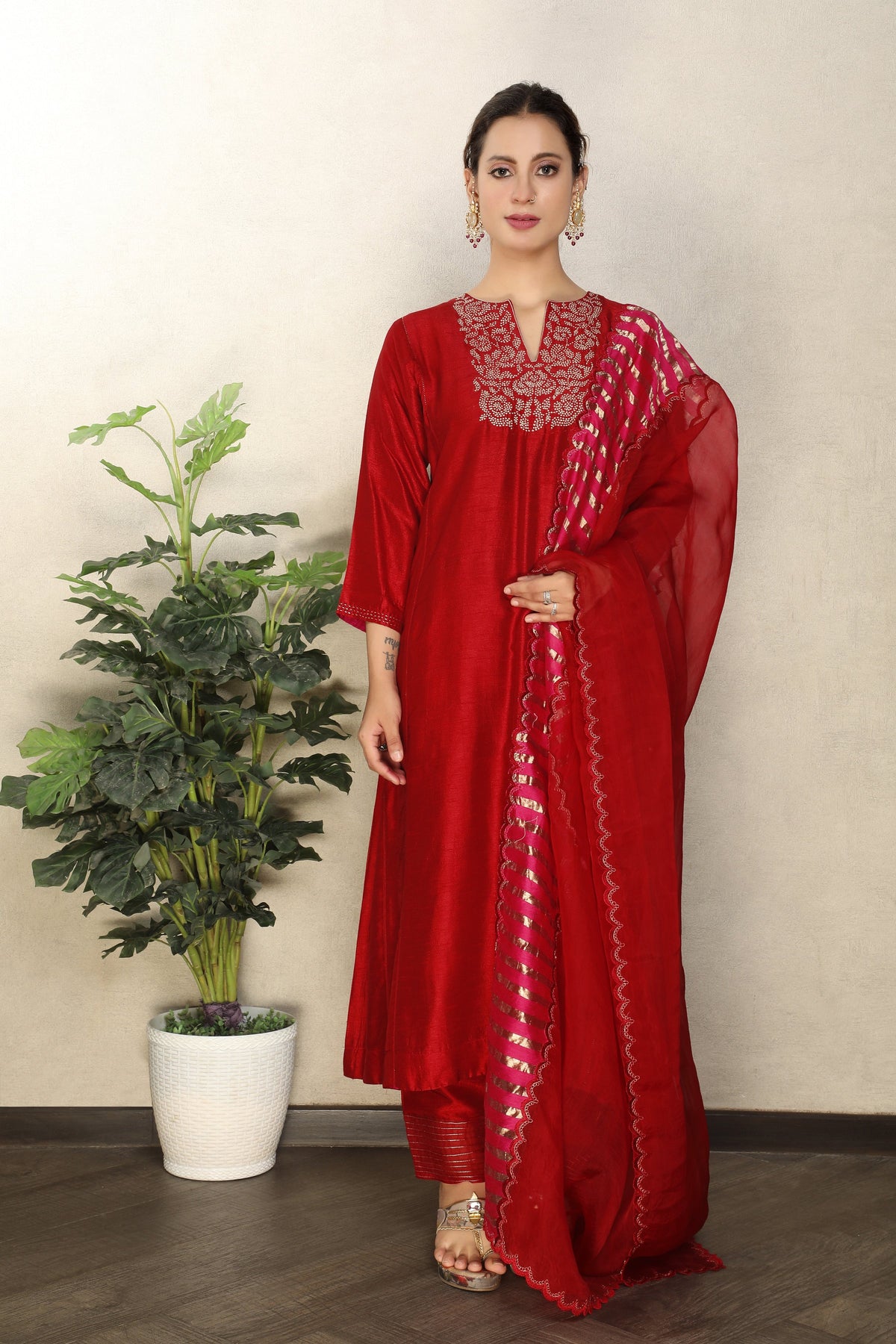 Scarlet Red Embellished Premium Silk Anarkali Set