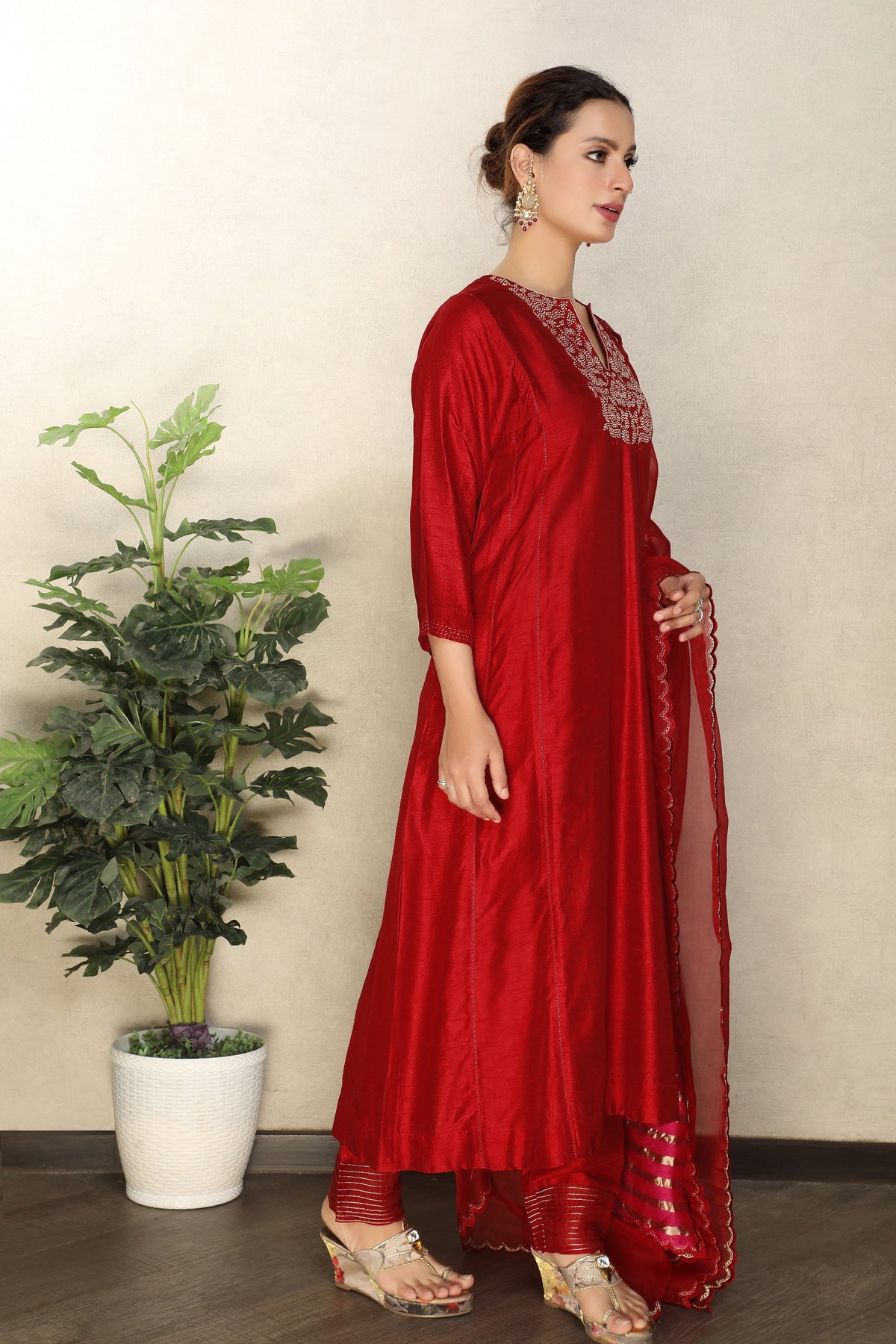 Scarlet Red Embellished Premium Silk Anarkali Set
