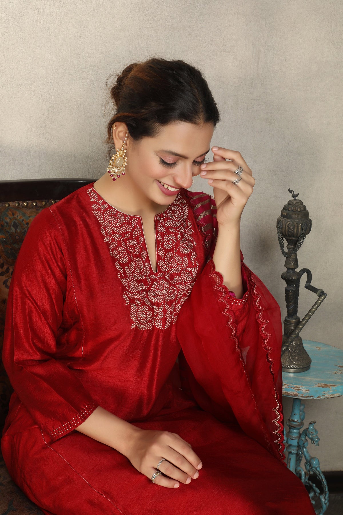 Scarlet Red Embellished Premium Silk Anarkali Set