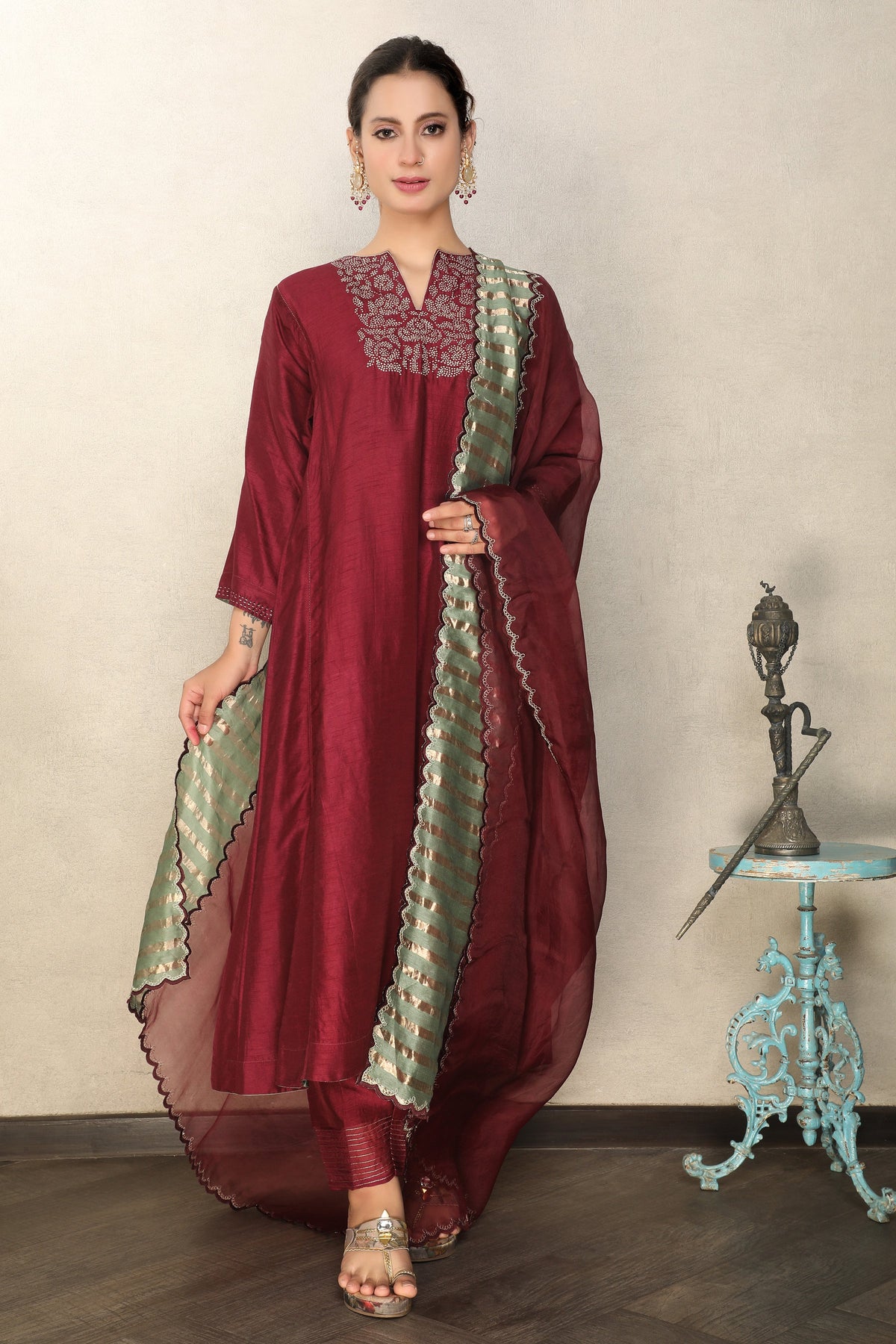 Deep Burgundy Embellished Premium Silk Anarkali Set