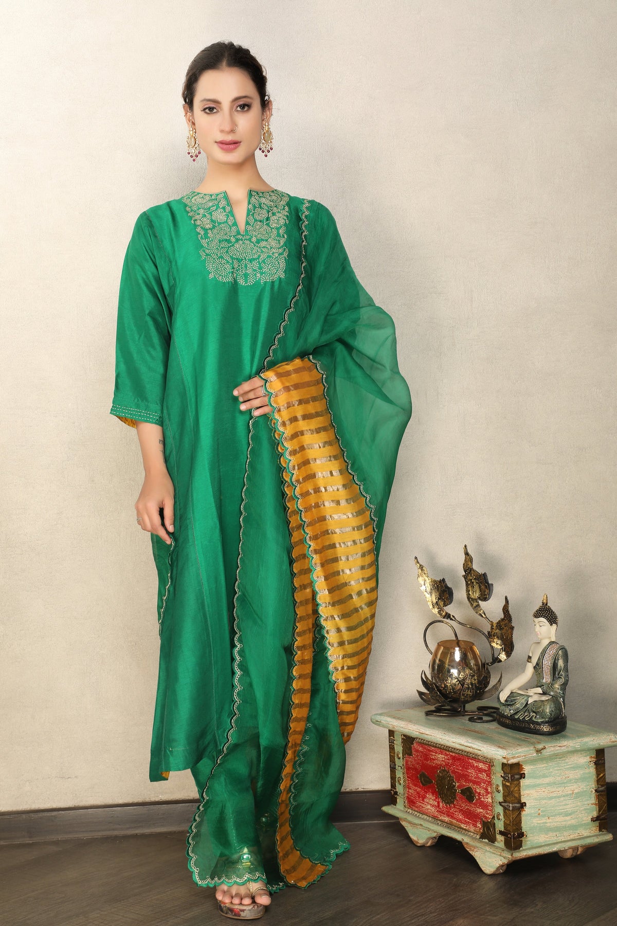 Jade Green Embellished Premium Silk Anarkali Set