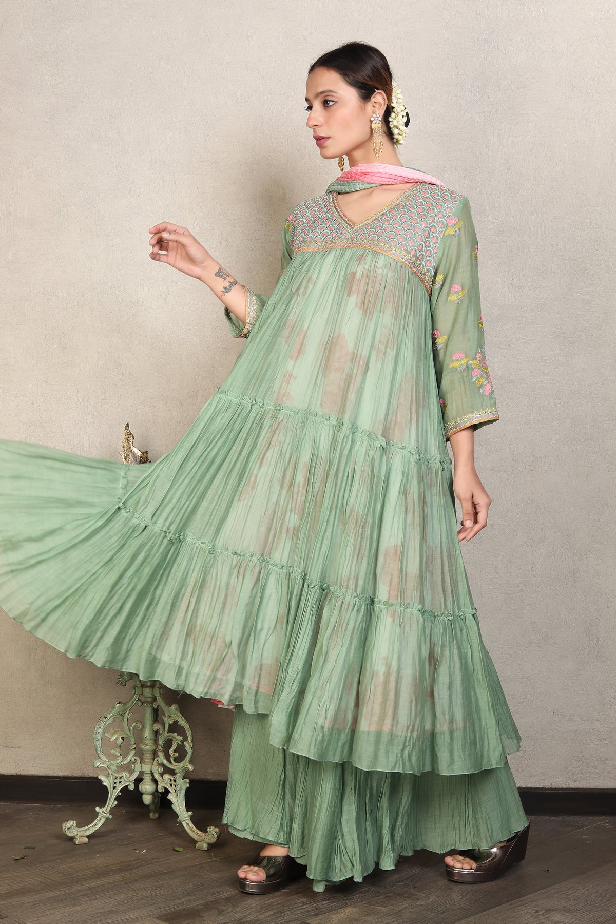 Green Sage Embroidered Chanderi Silk Anarkali Set