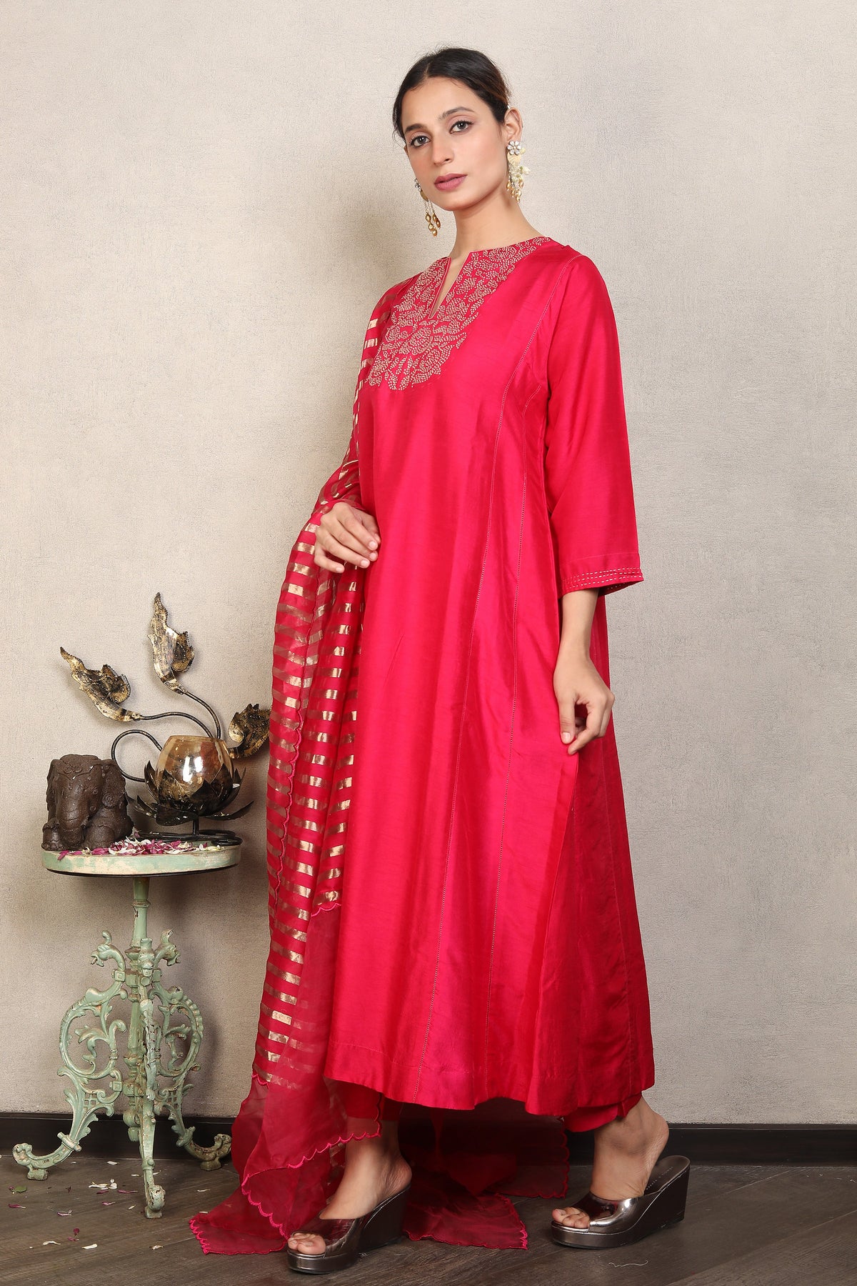 Bright Fuchsia Embellished Premium Silk Anarkali Set