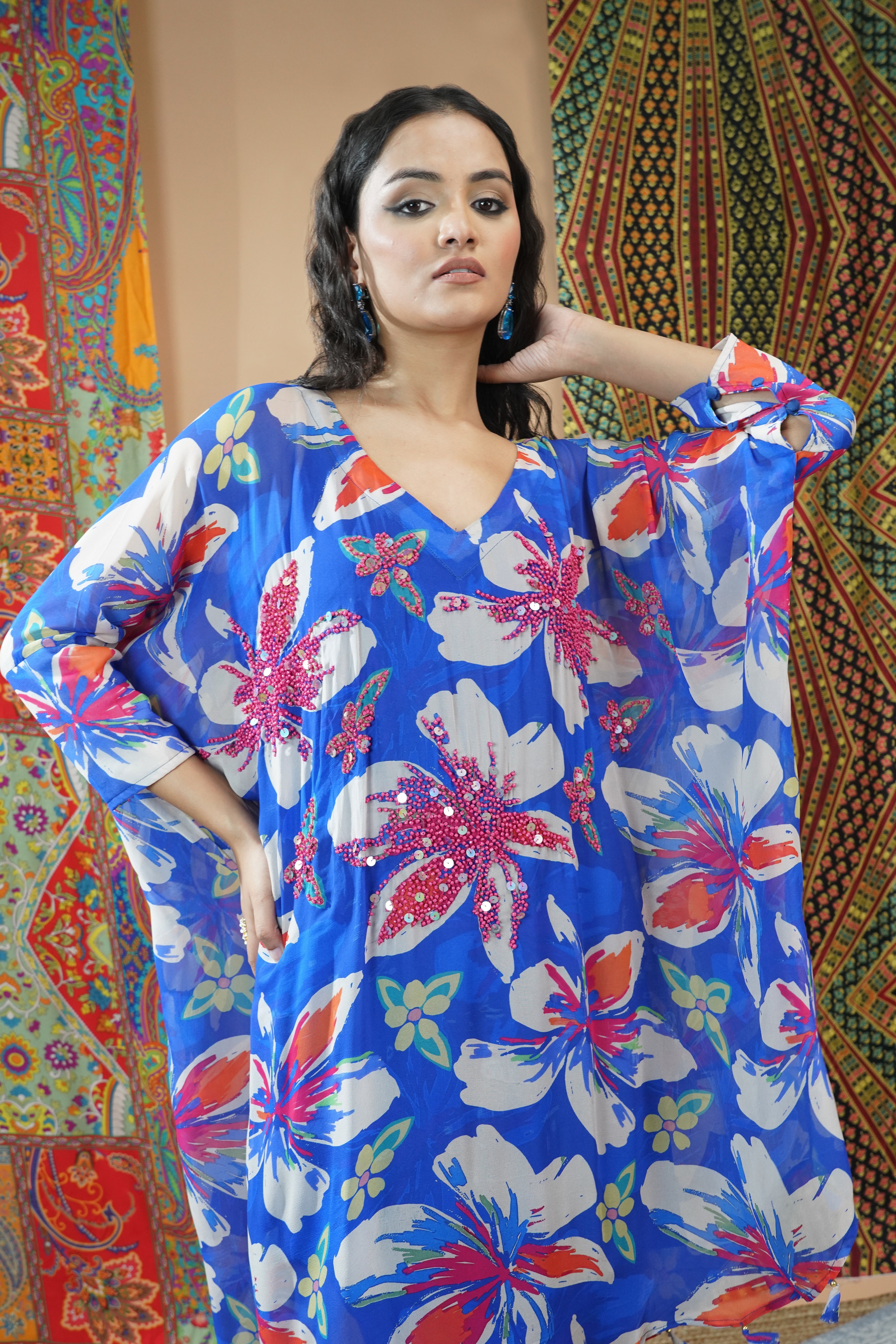 Blue Floral Printed Crepe Silk Kaftan Set