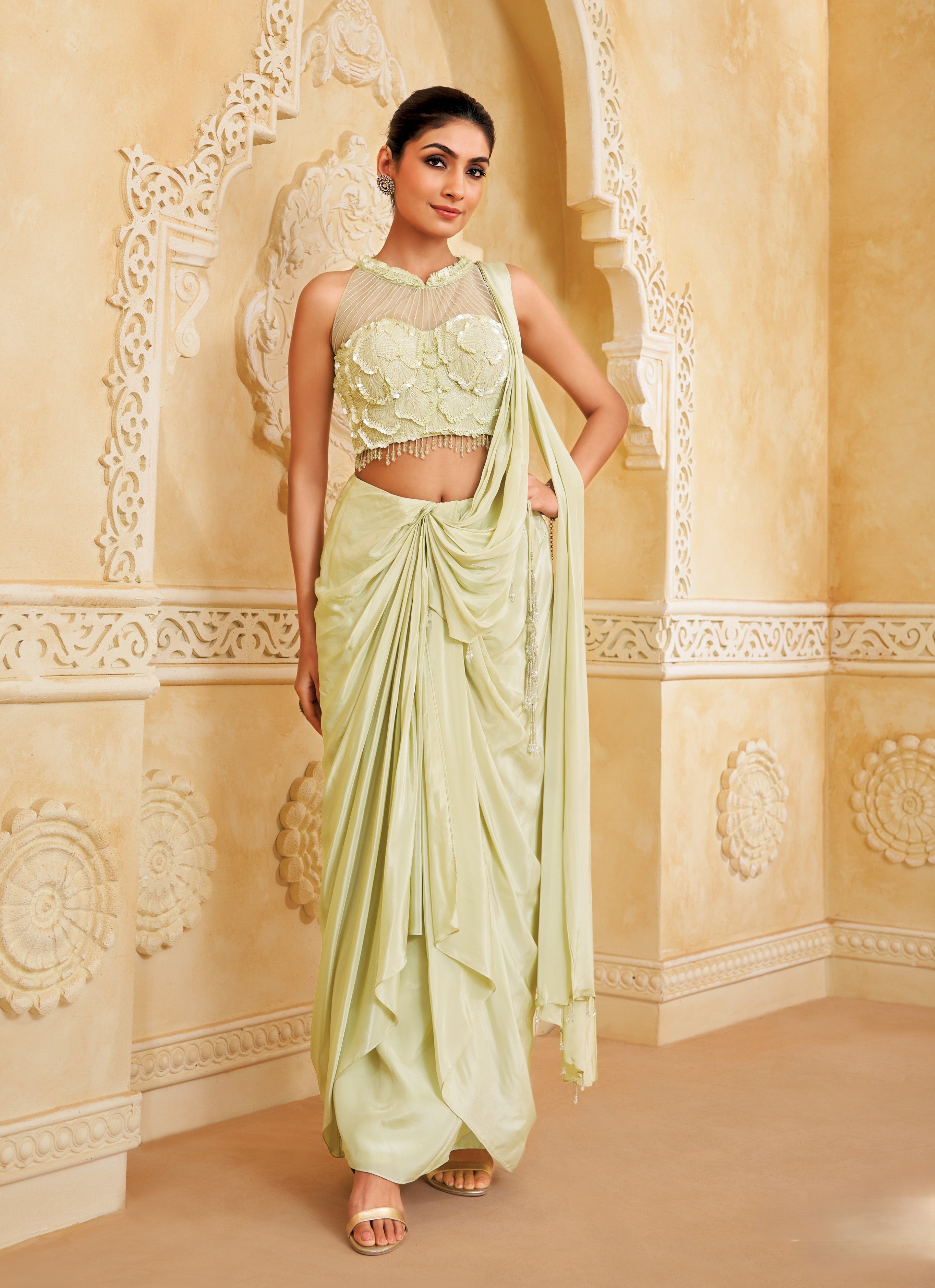 Pale Sage Embellished Crepe Silk Drape Skirt Set
