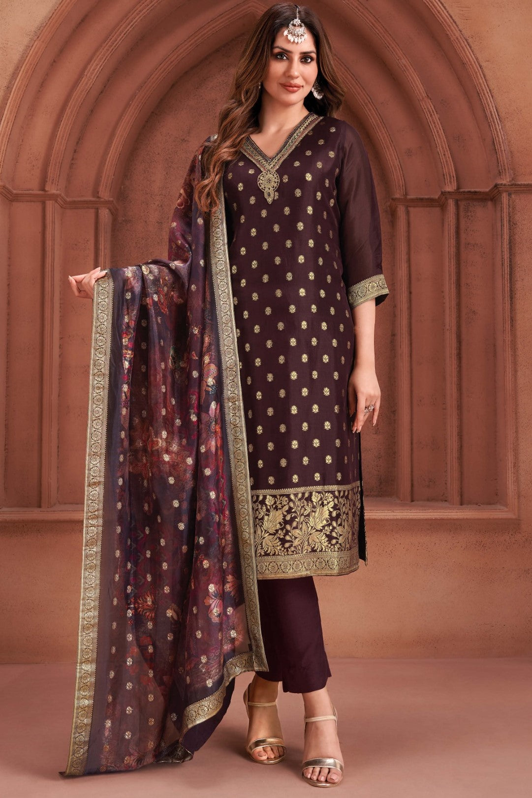 Dark Wine Banarasi Dola Silk Kurta Pant Set