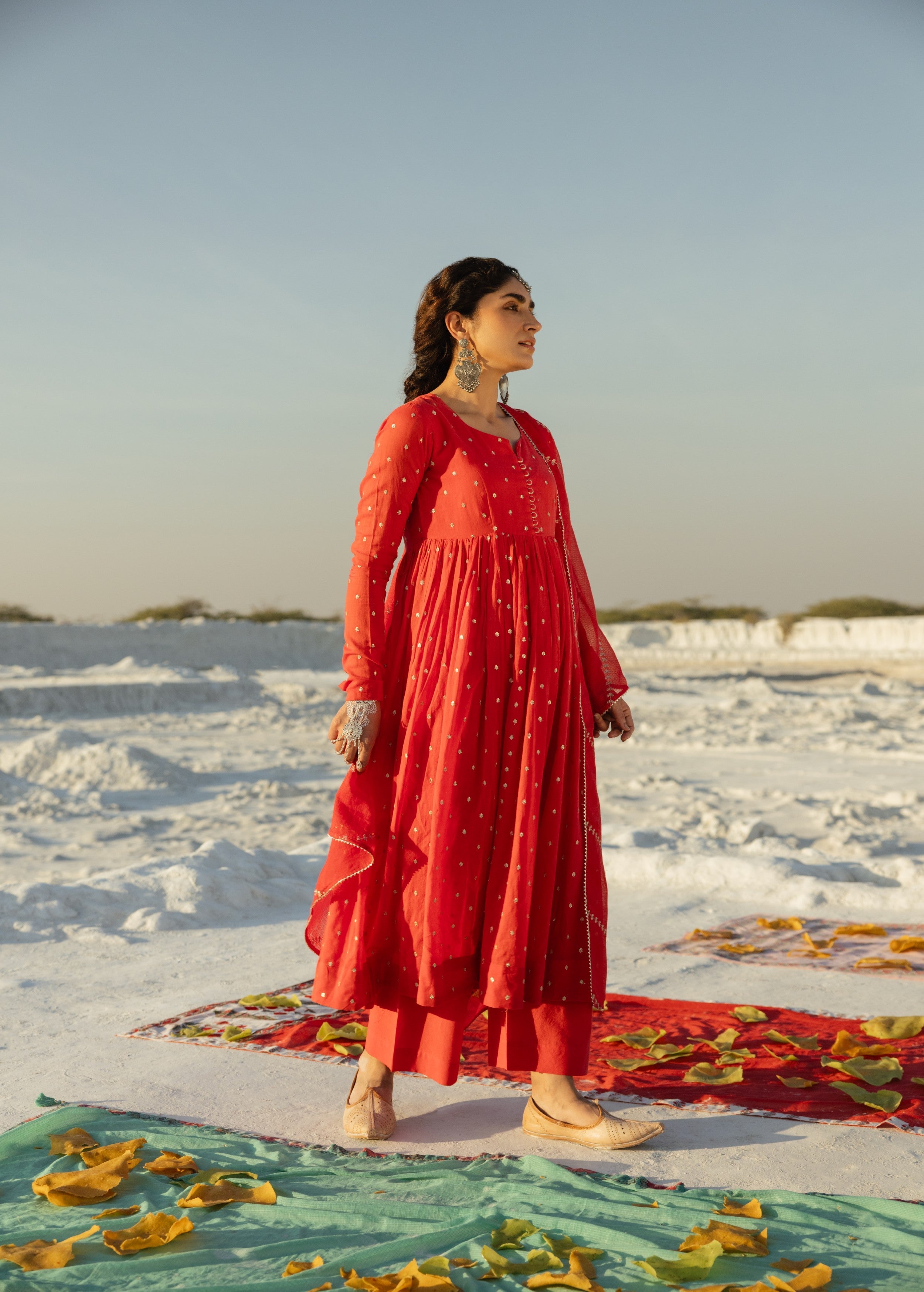 Bright Red Embellished Mul Cotton Anarkali Set