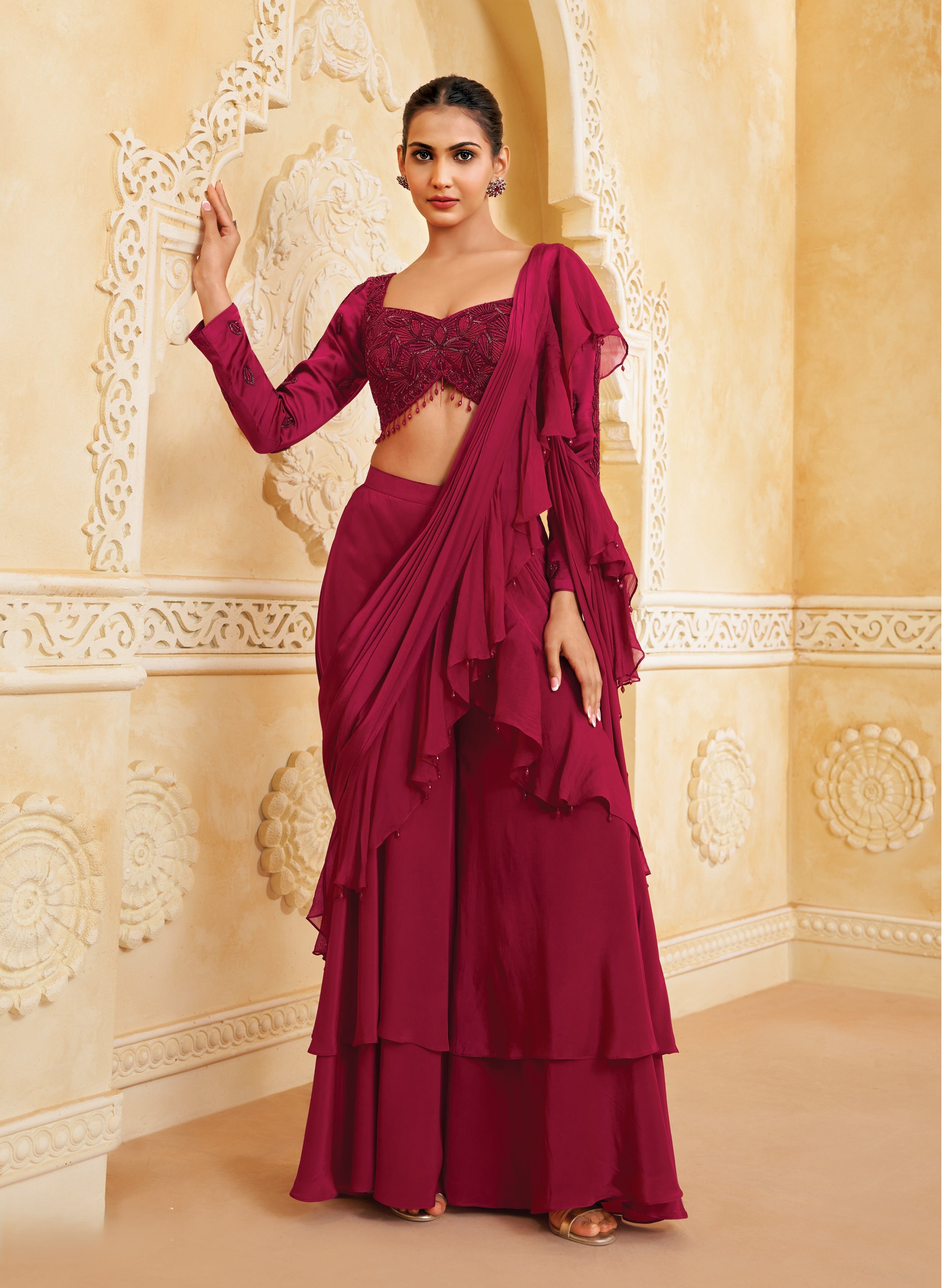 Wine Red Embellished Crepe Silk Drape Palazzo Set