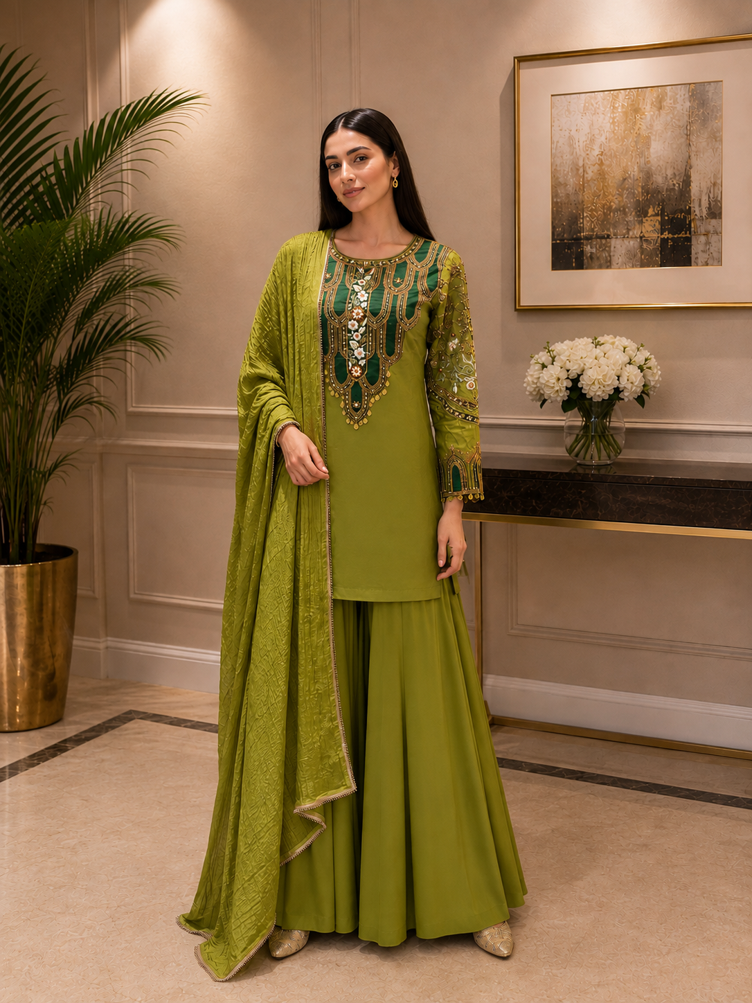 Herb Green Embellished Dola Silk Palazzo Set
