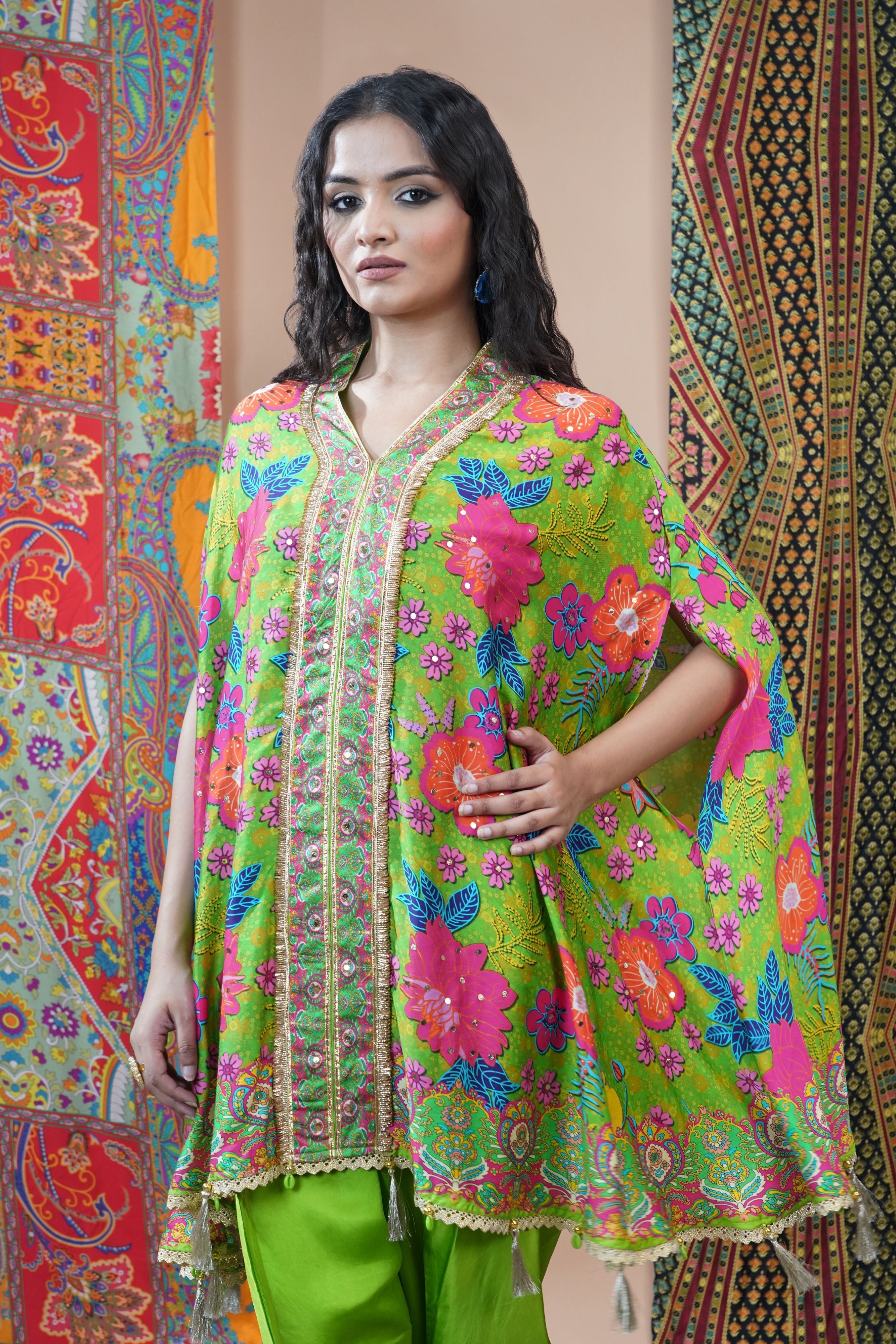 Light Green Floral Printed Crepe Silk Kaftan Set