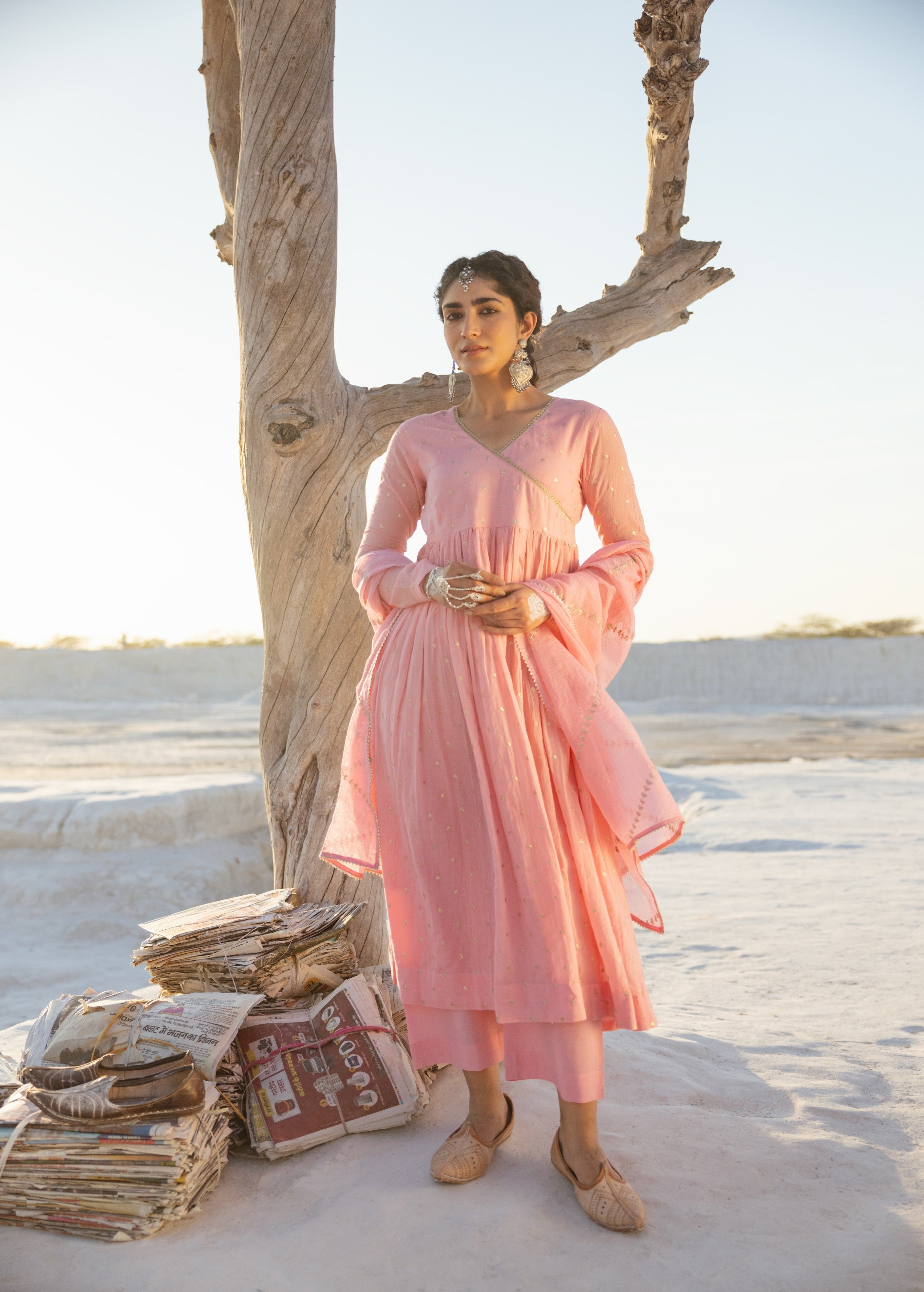 Rose Pink Embellished Mul Cotton Anarkali Set