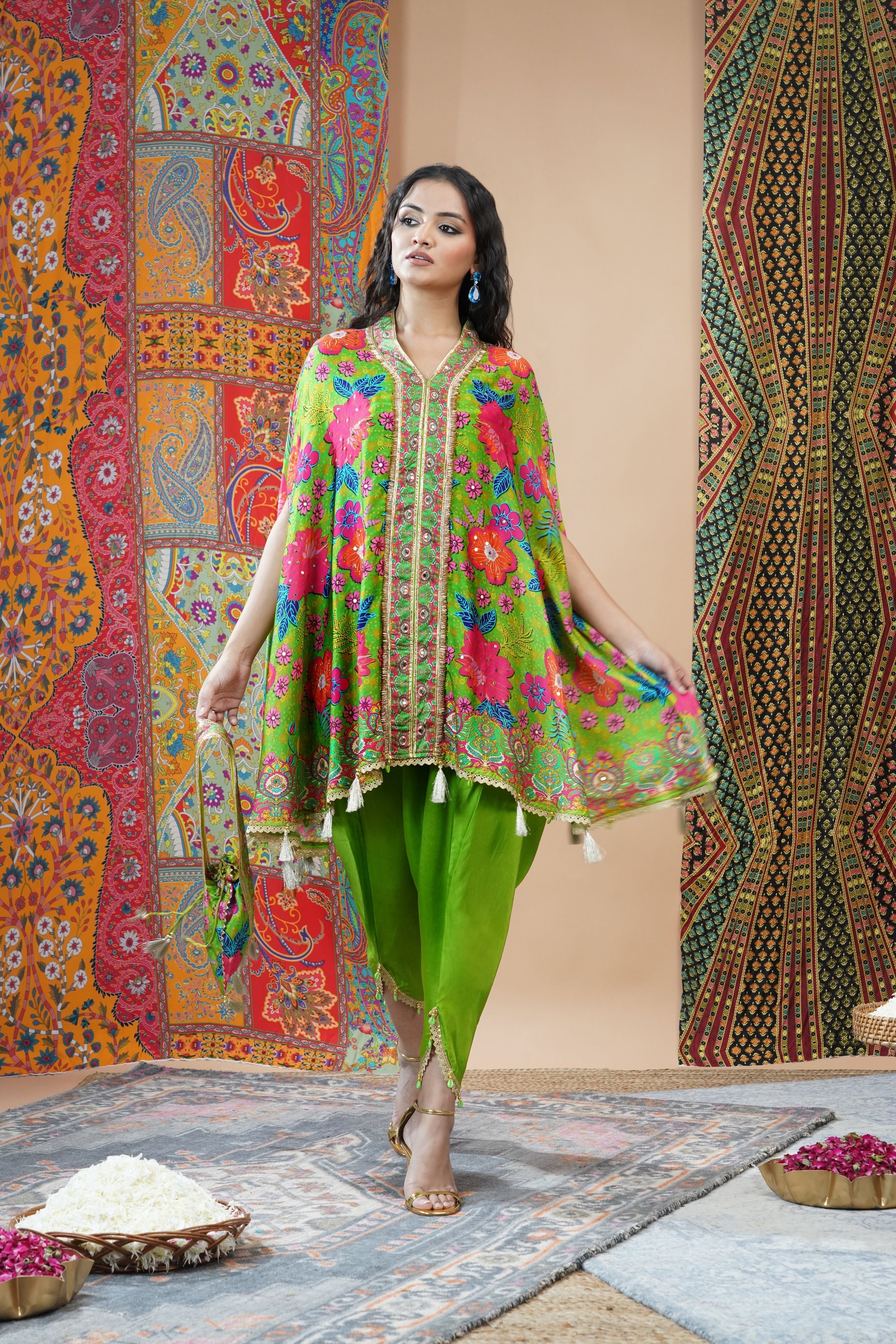 Light Green Floral Printed Crepe Silk Kaftan Set