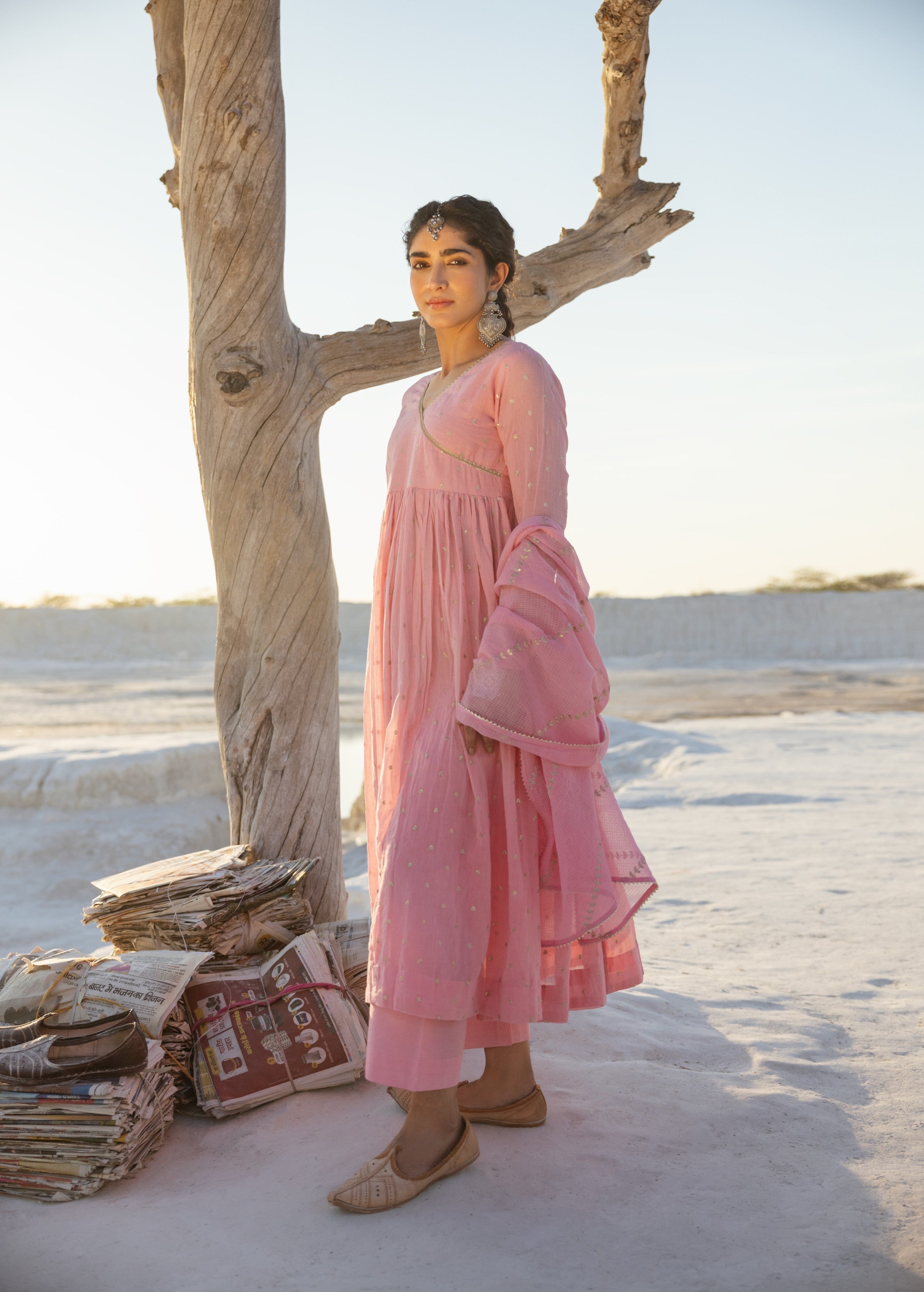 Rose Pink Embellished Mul Cotton Anarkali Set