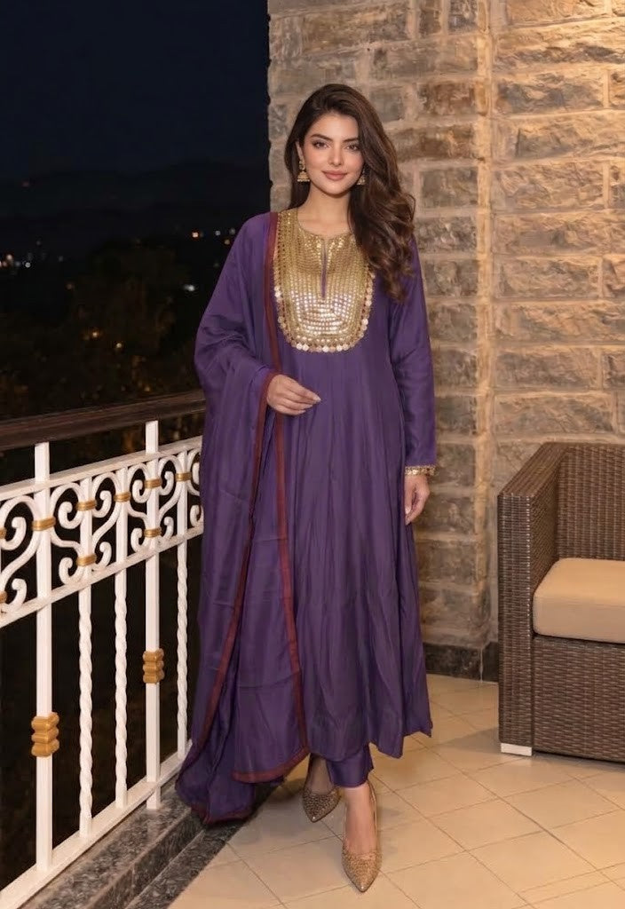Deep Purple Embellished Crepe Silk Anarkali Set