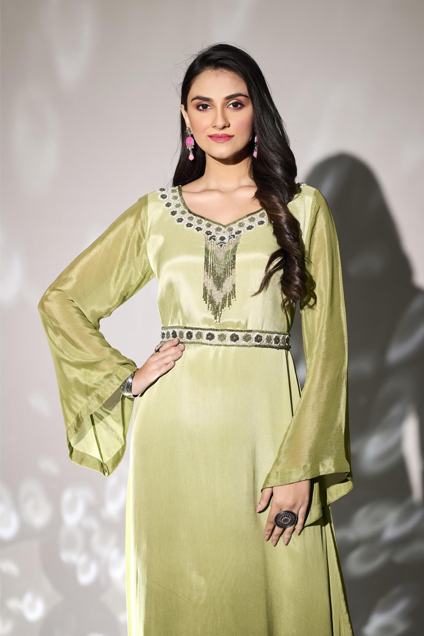 Pastel Green Embellished Premium Chinon Silk Gown