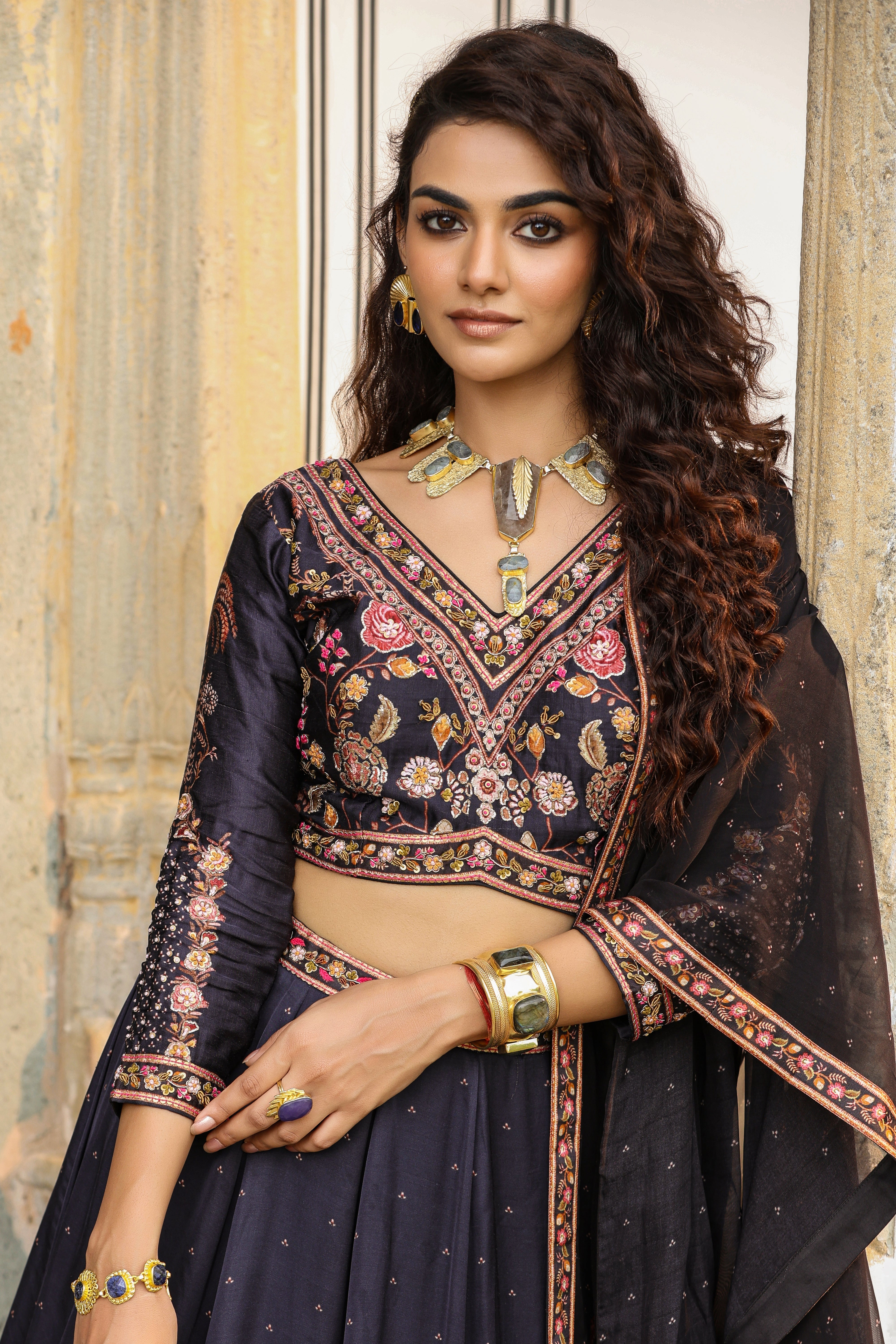 Black Printed Satin Silk Lehenga Set