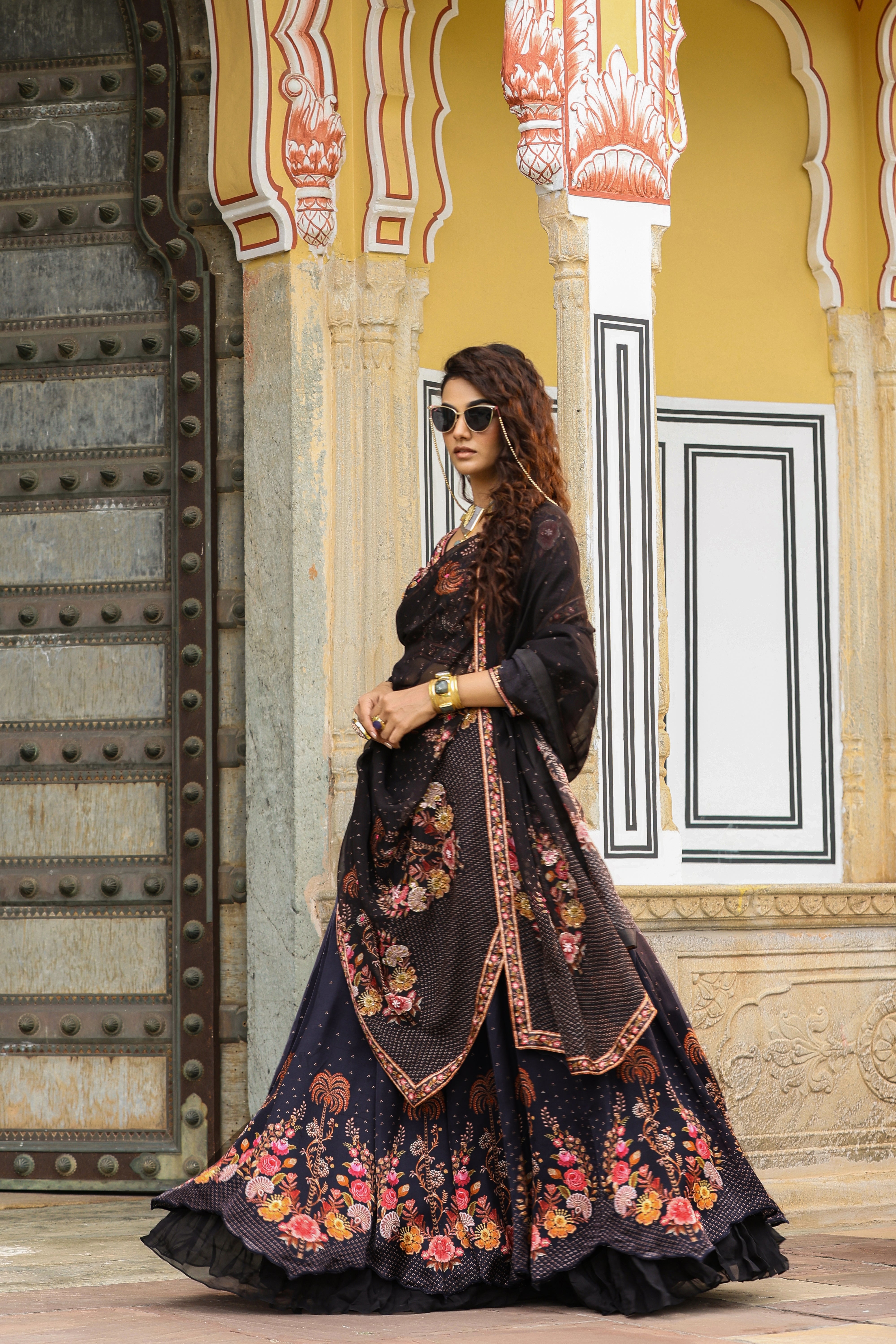 Black Printed Satin Silk Lehenga Set