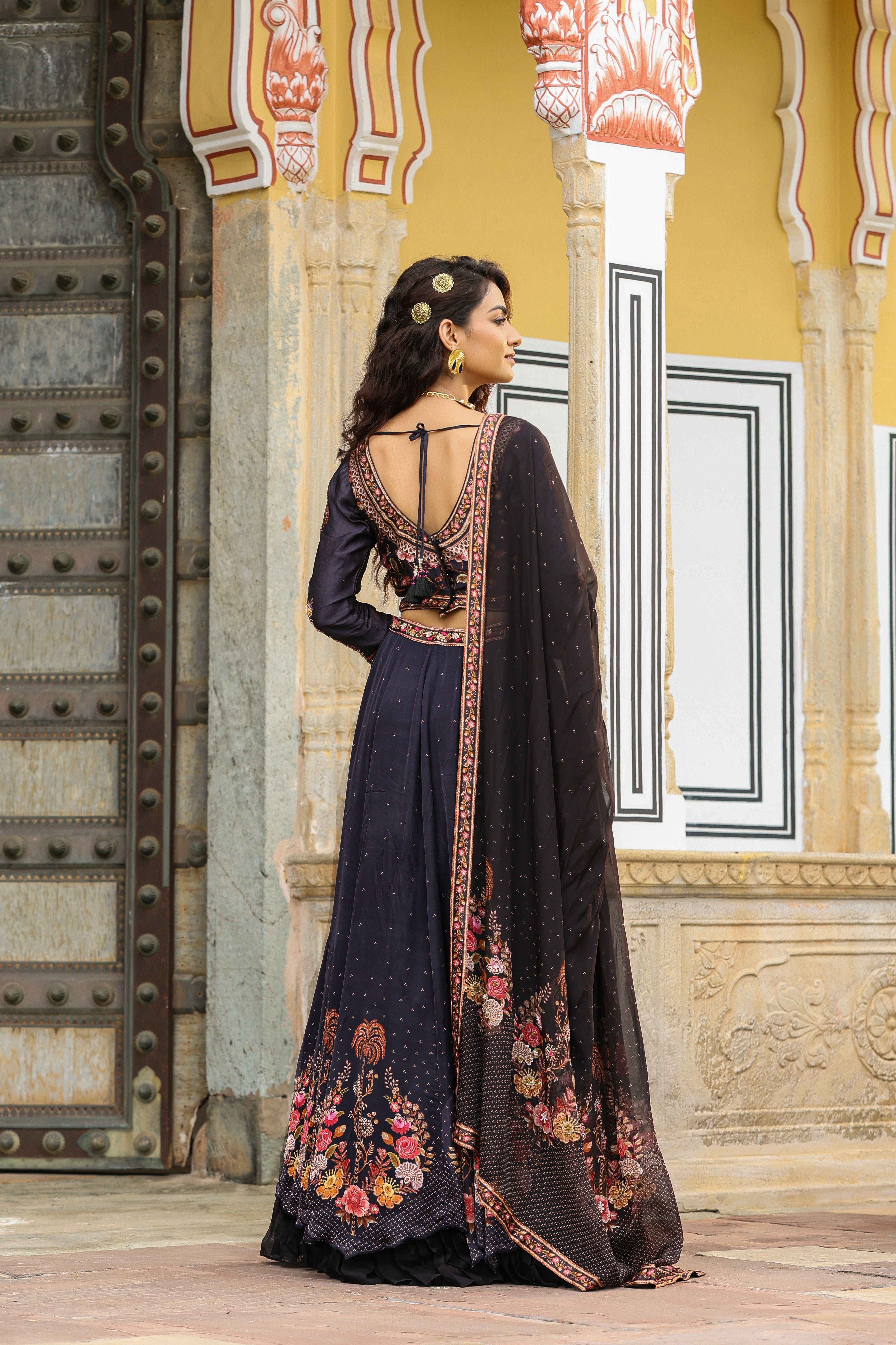 Black Printed Satin Silk Lehenga Set