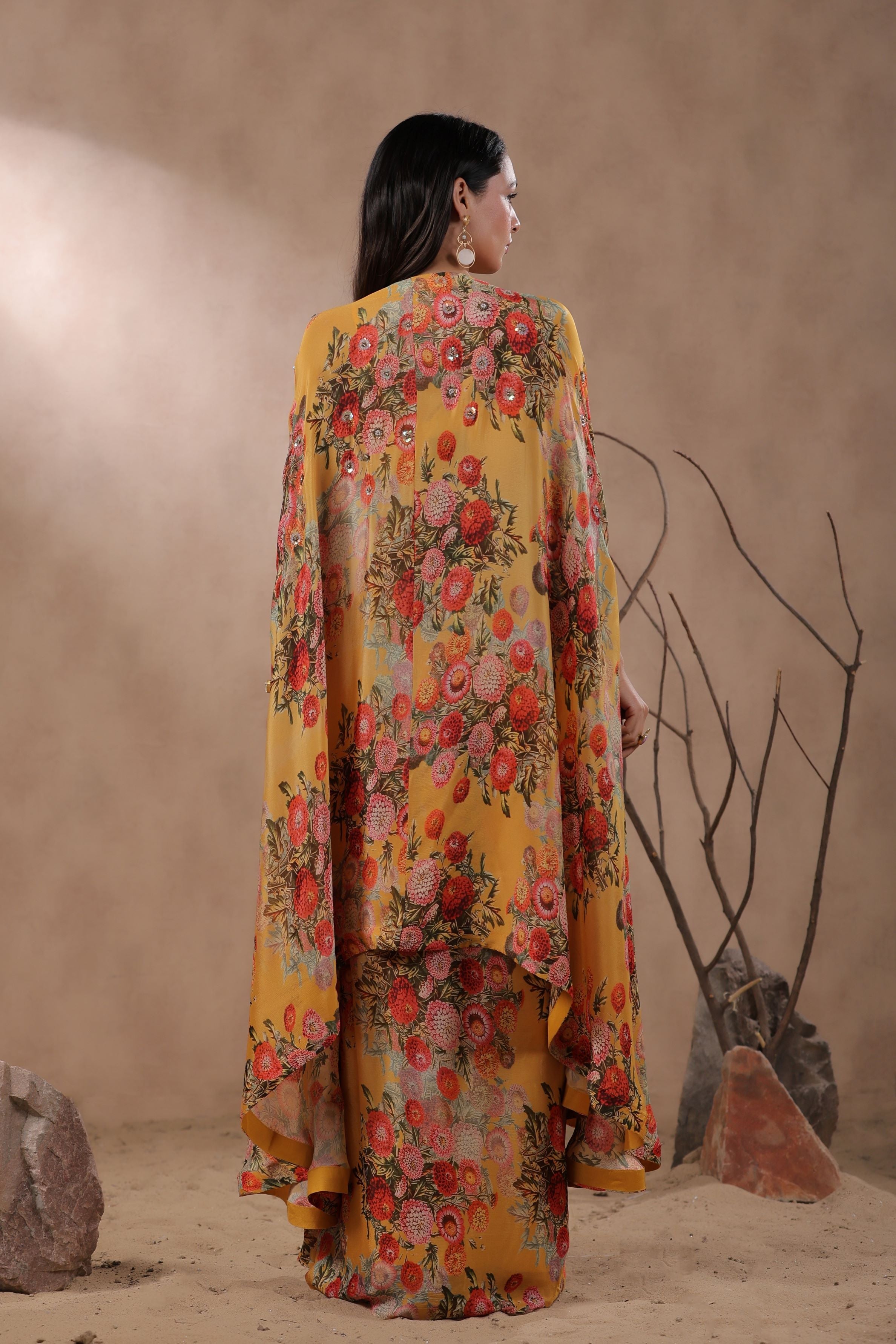 Mustard Floral Printed Organza Silk Cape Set