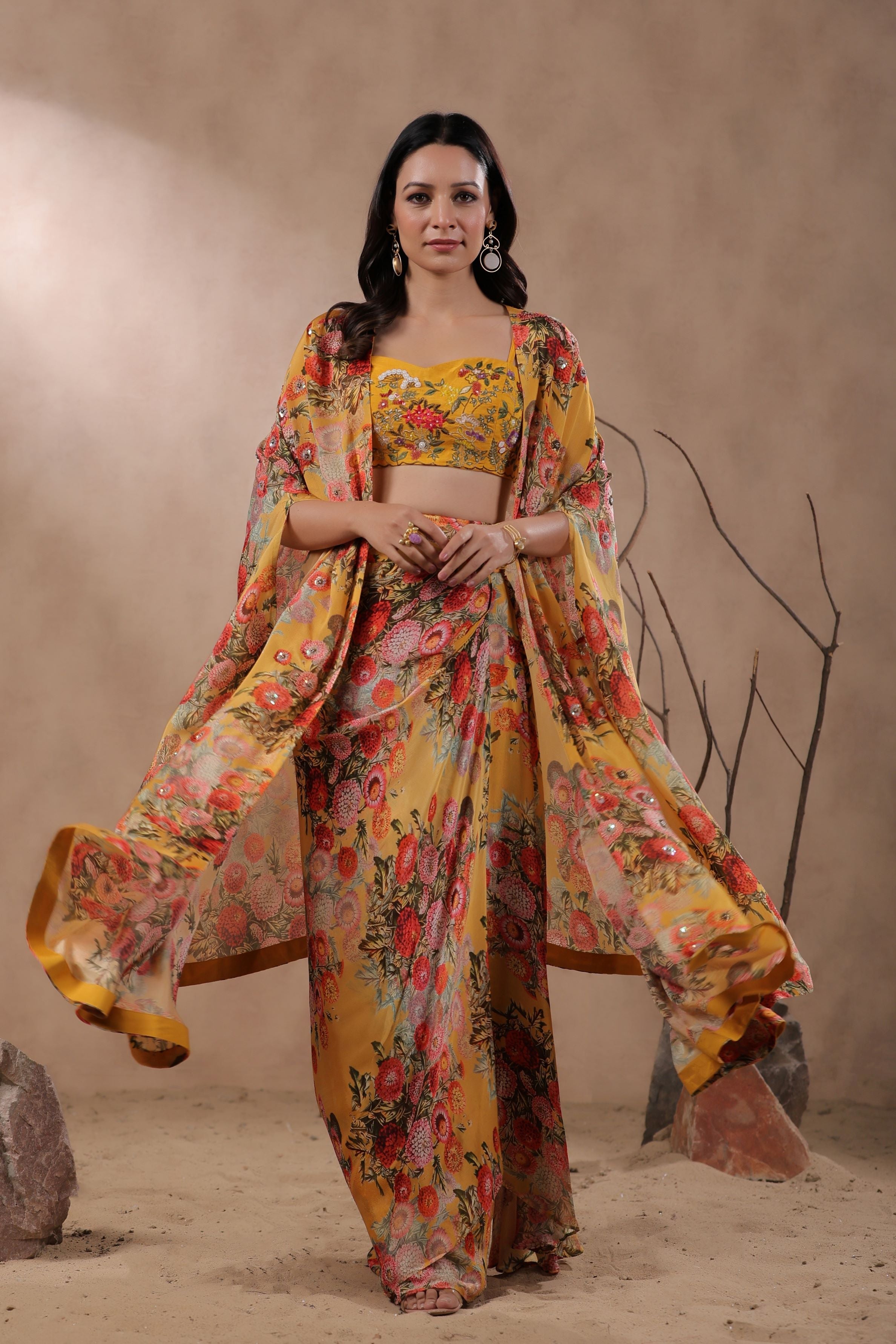 Mustard Floral Printed Organza Silk Cape Set