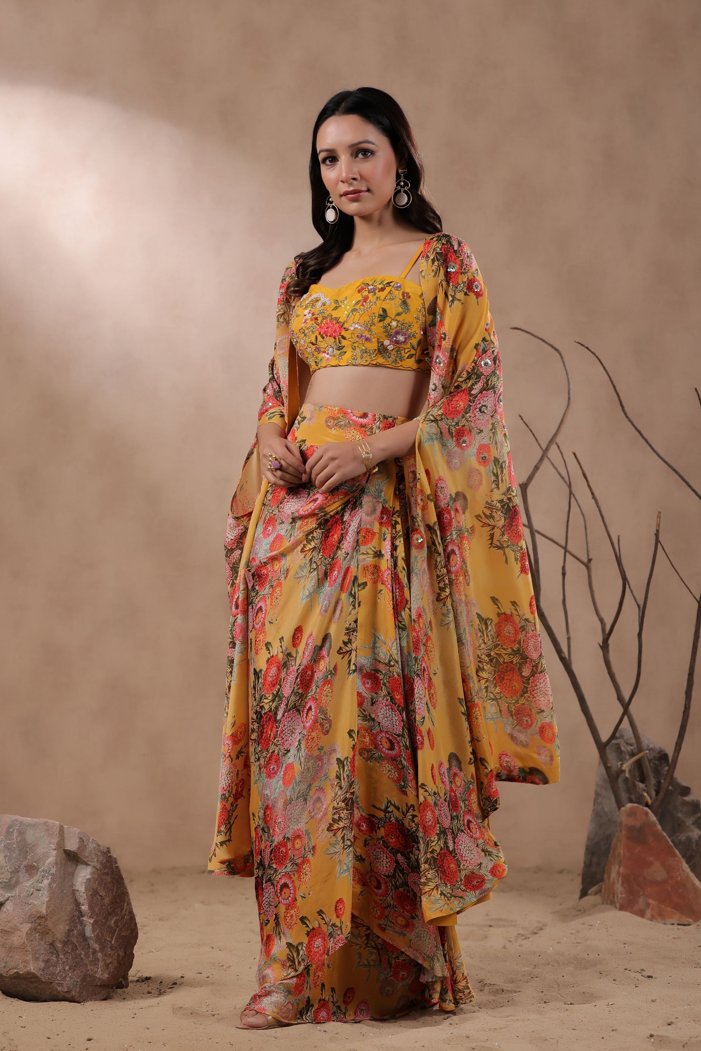 Mustard Floral Printed Organza Silk Cape Set