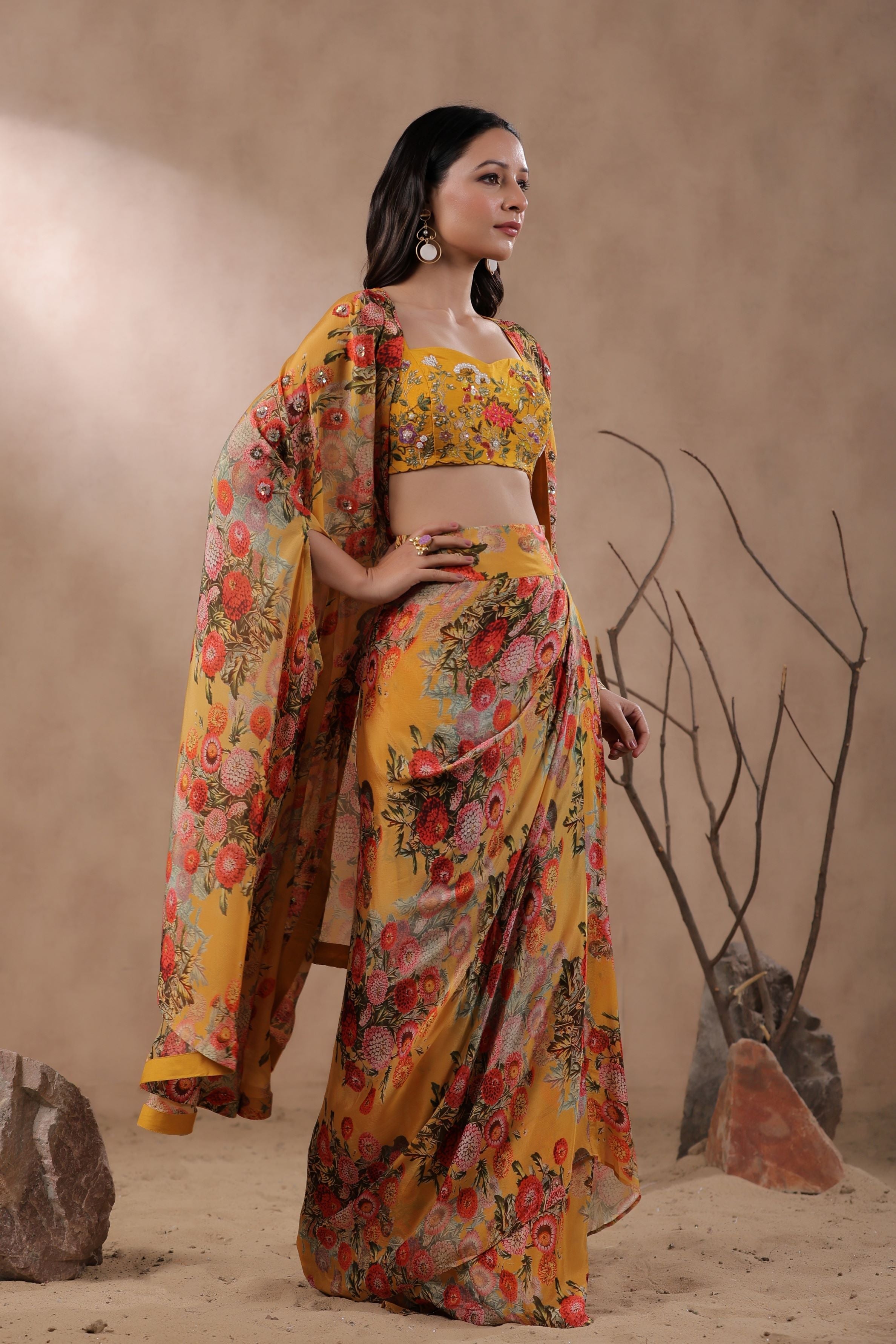 Mustard Floral Printed Organza Silk Cape Set