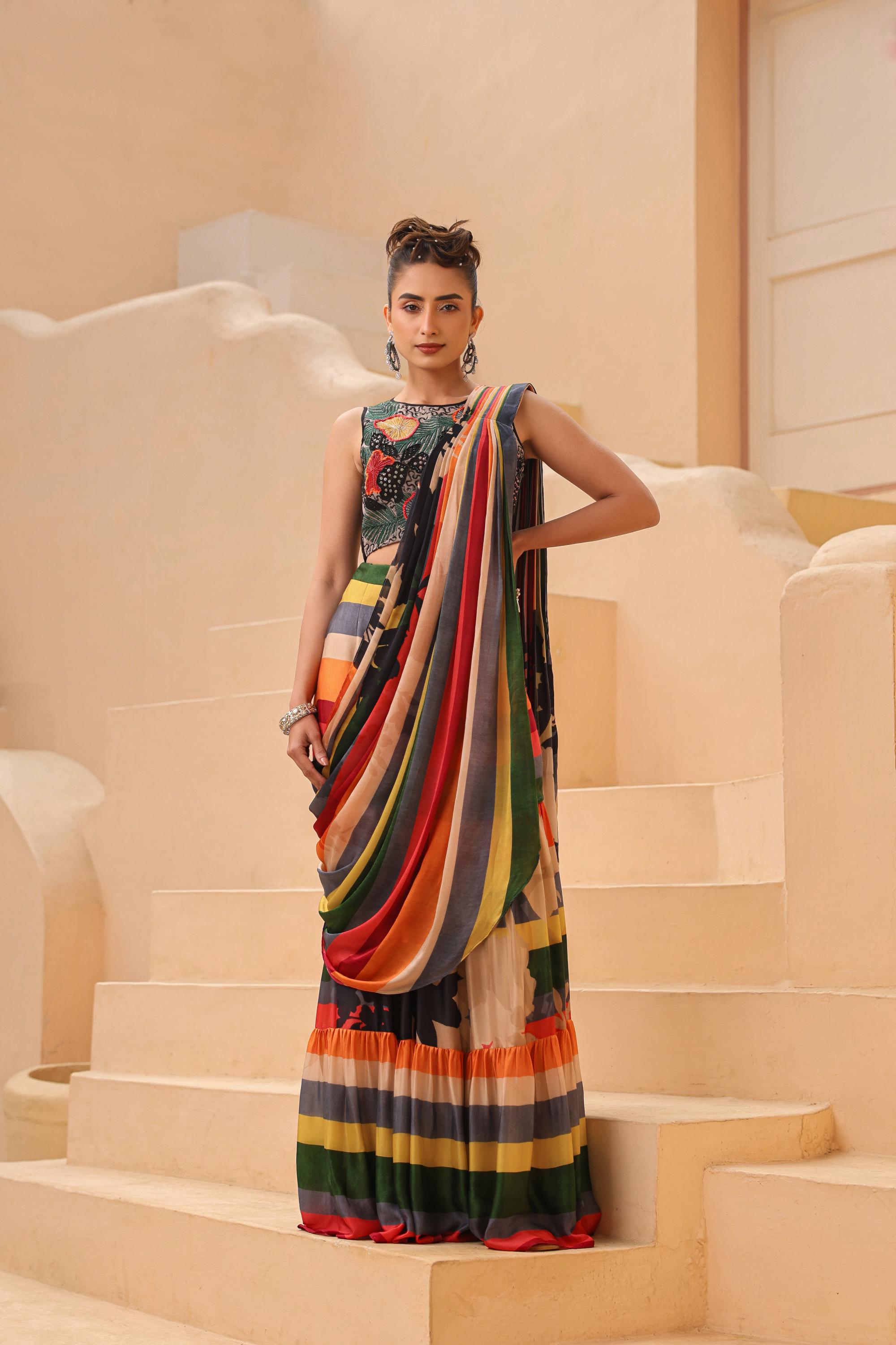 Multicolor Stripes Printed Satin Georgette Silk Drape Saree