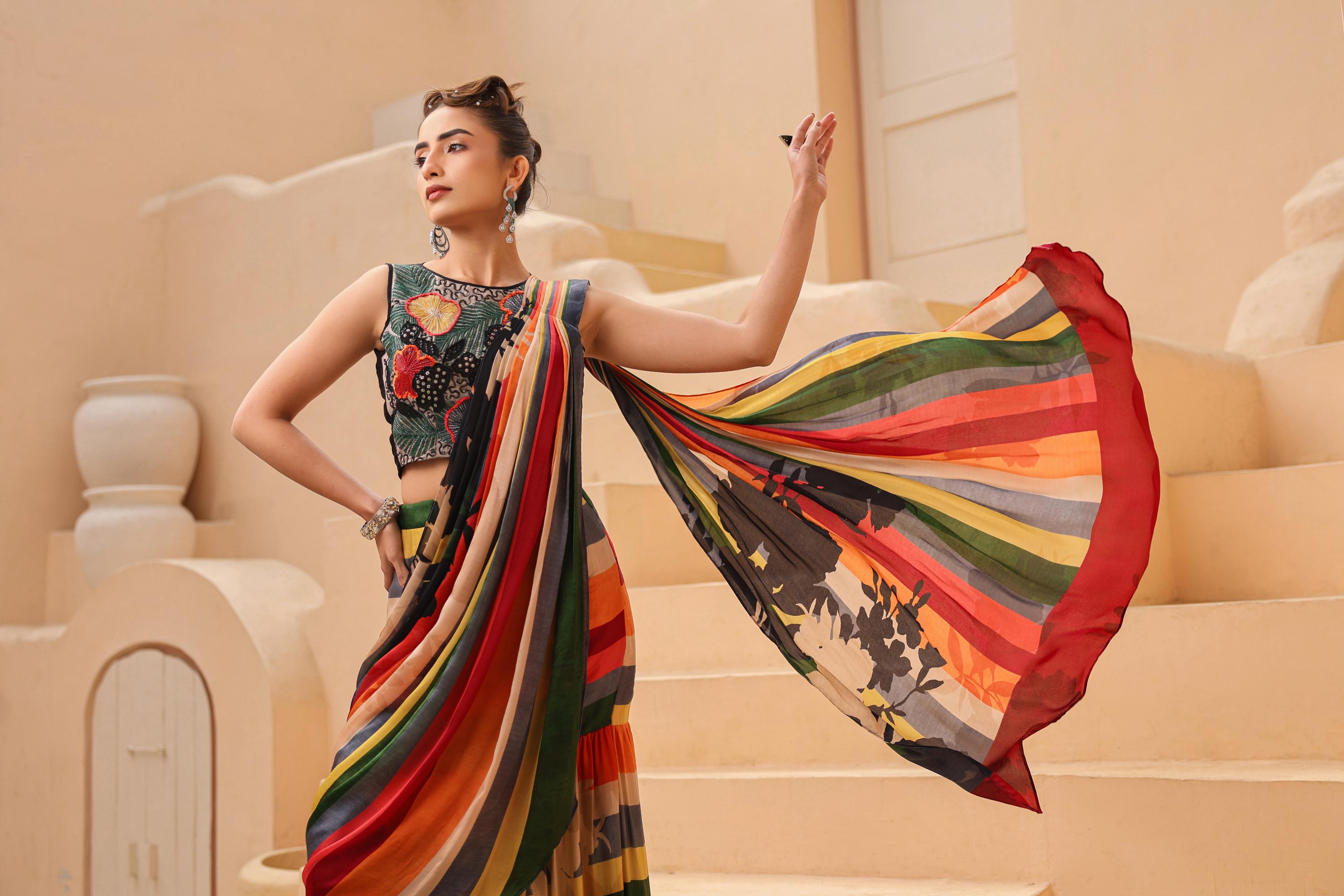 Multicolor Stripes Printed Satin Georgette Silk Drape Saree