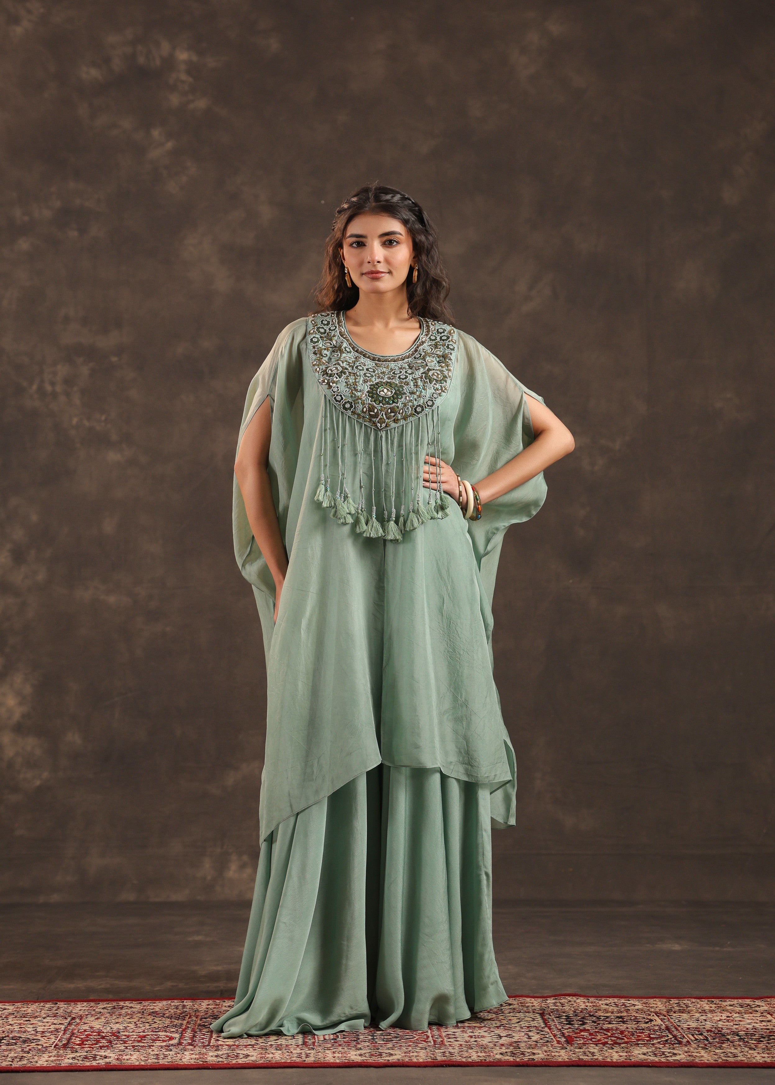 Sage Allure Embellished Organza Silk Palazzo Set