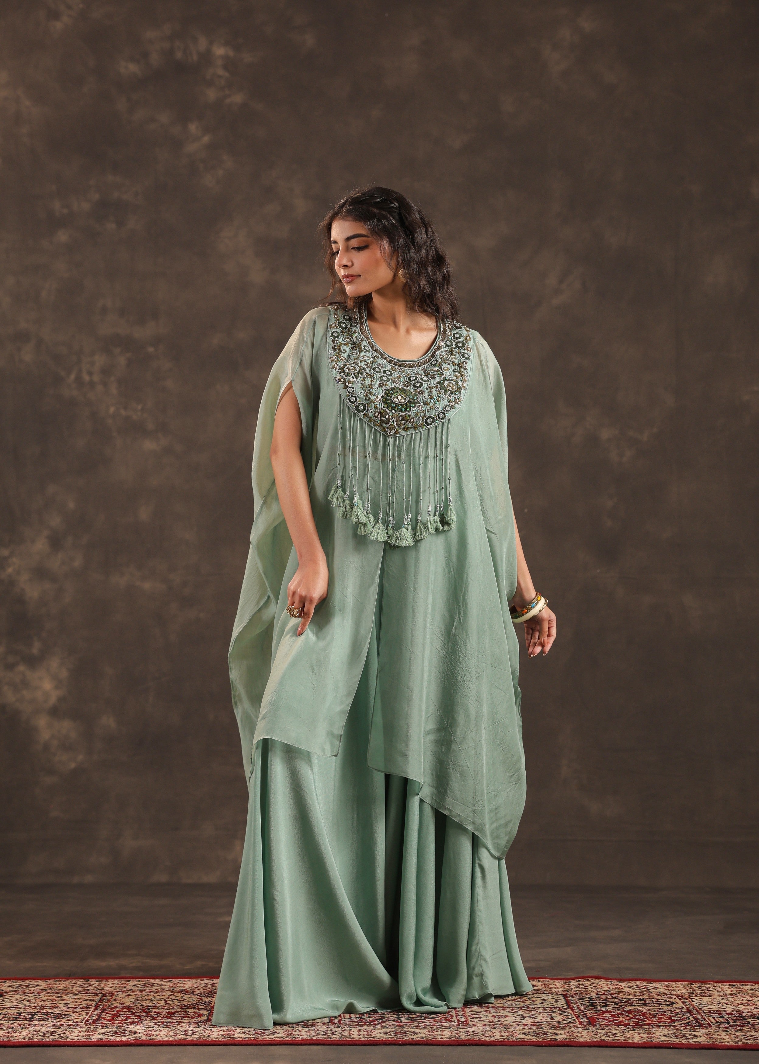 Sage Allure Embellished Organza Silk Palazzo Set