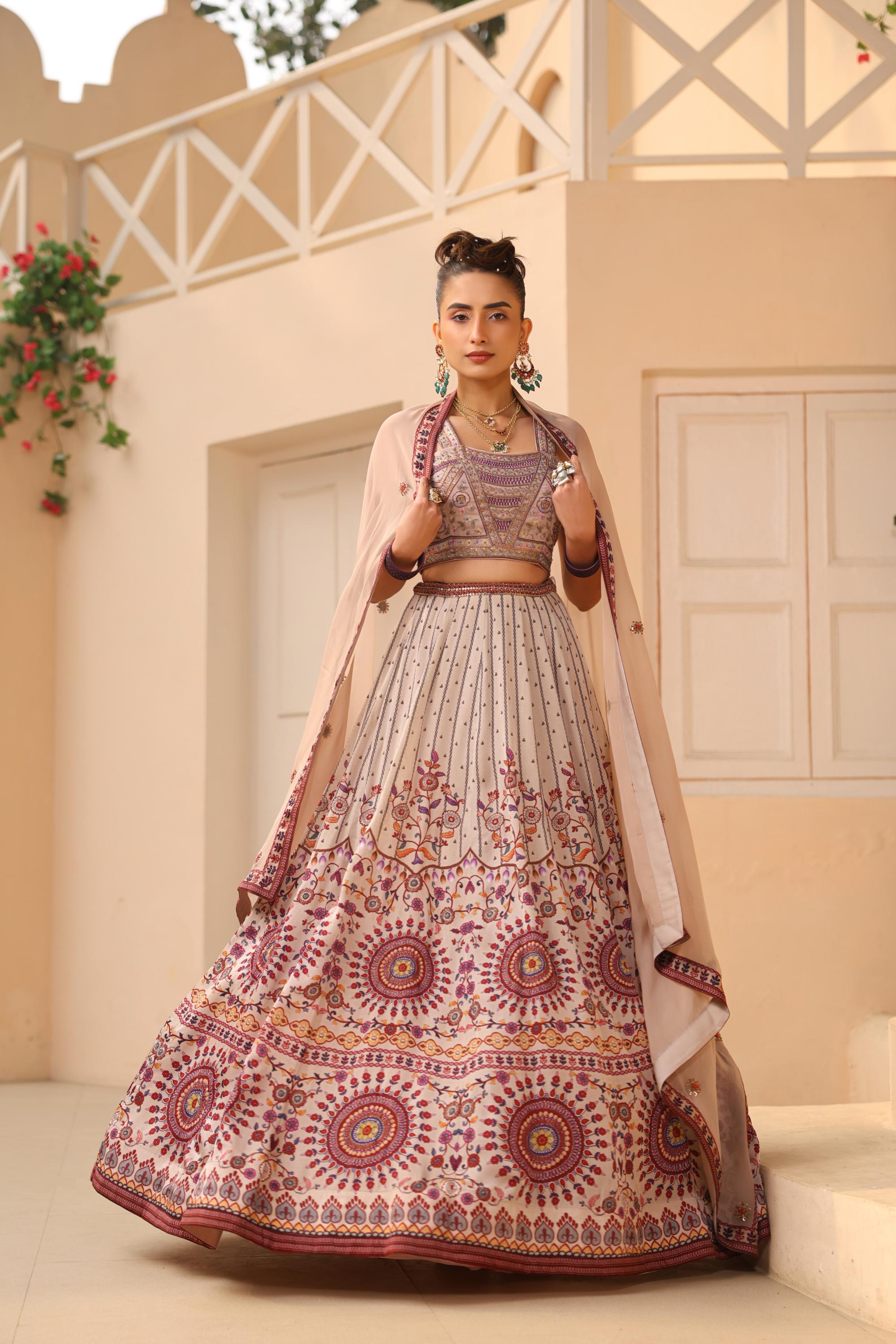 Rose Gold Traditional Printed Raw Silk Lehenga Set