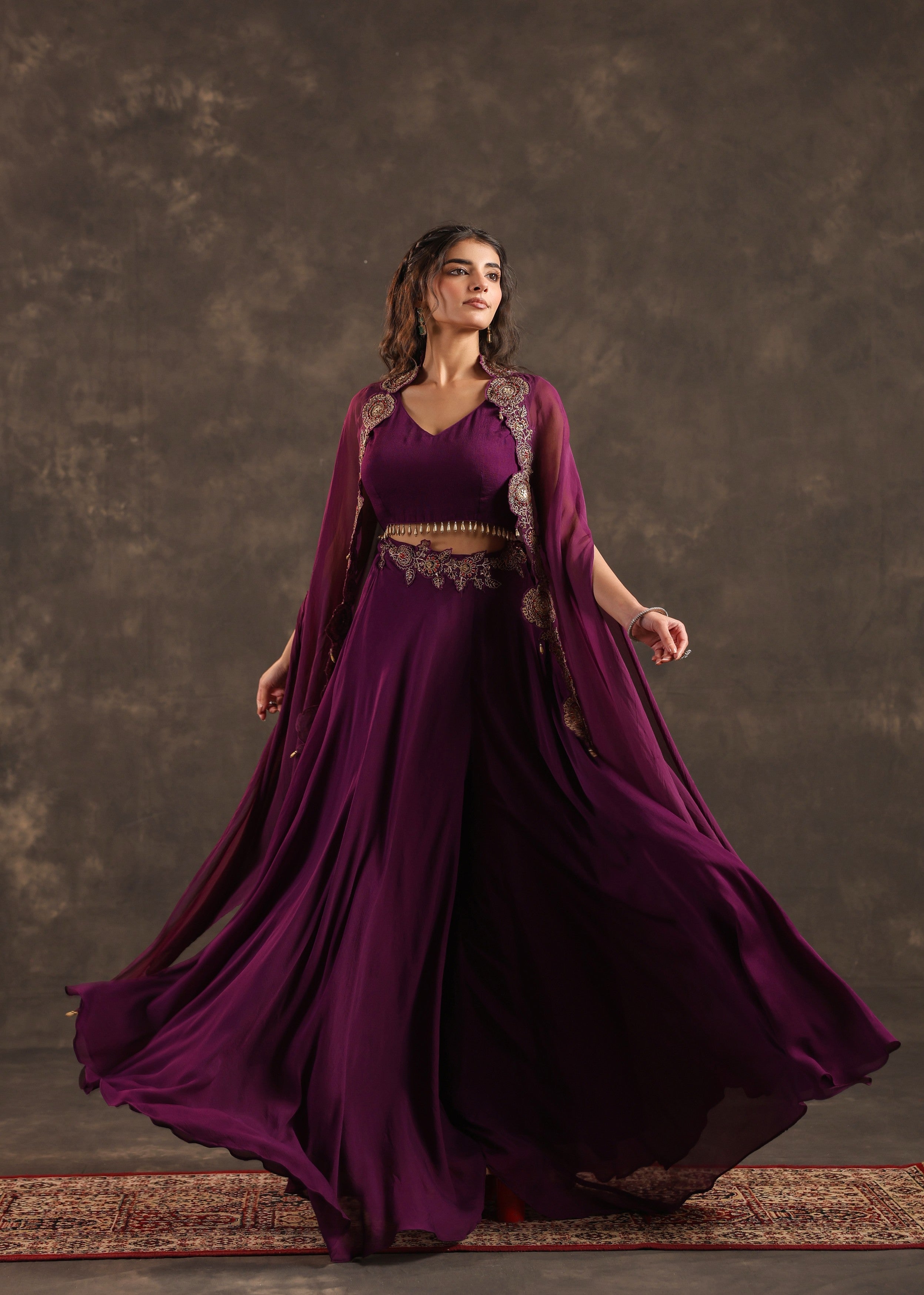 Plum Flare Embellished Crepe Silk Cape Set
