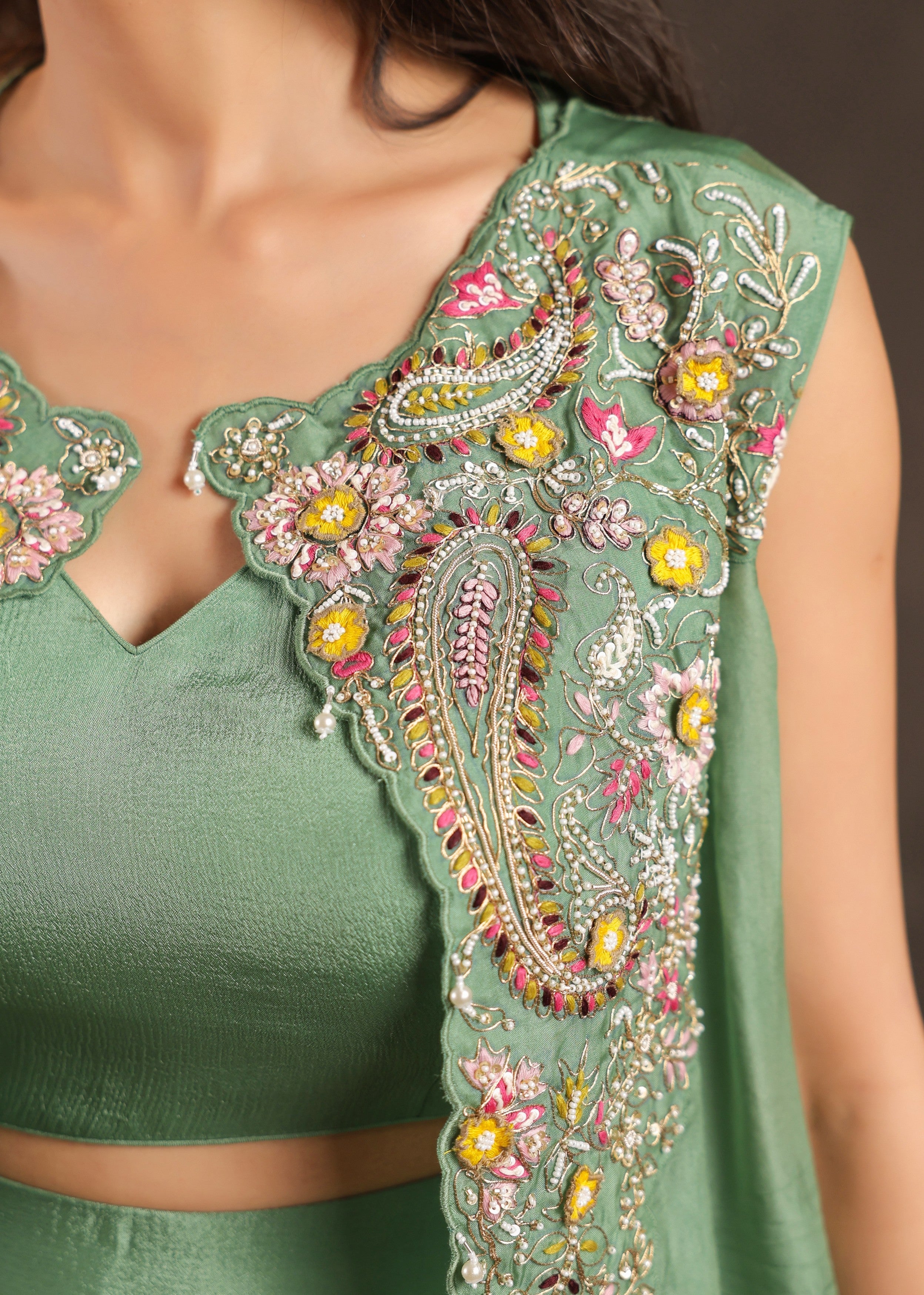 Sage Flora Embellished Chinon Silk Sharara Set
