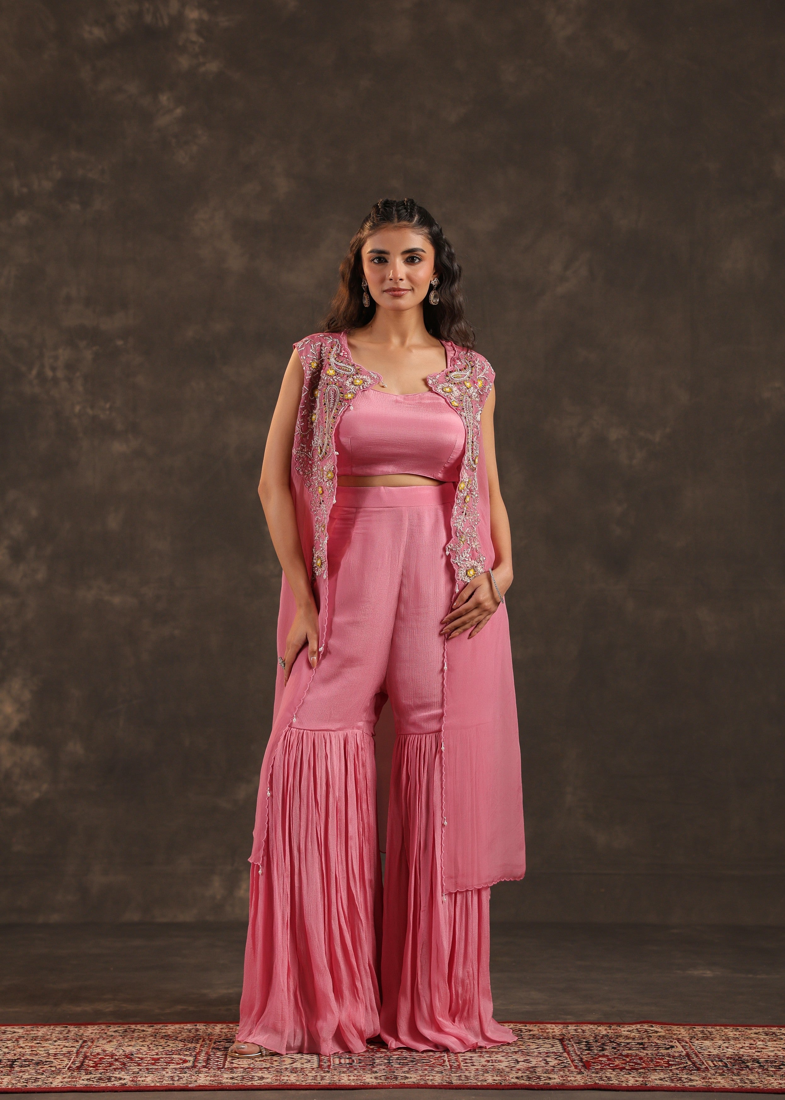 Rose Flora Embellished Chinon Silk Sharara Set