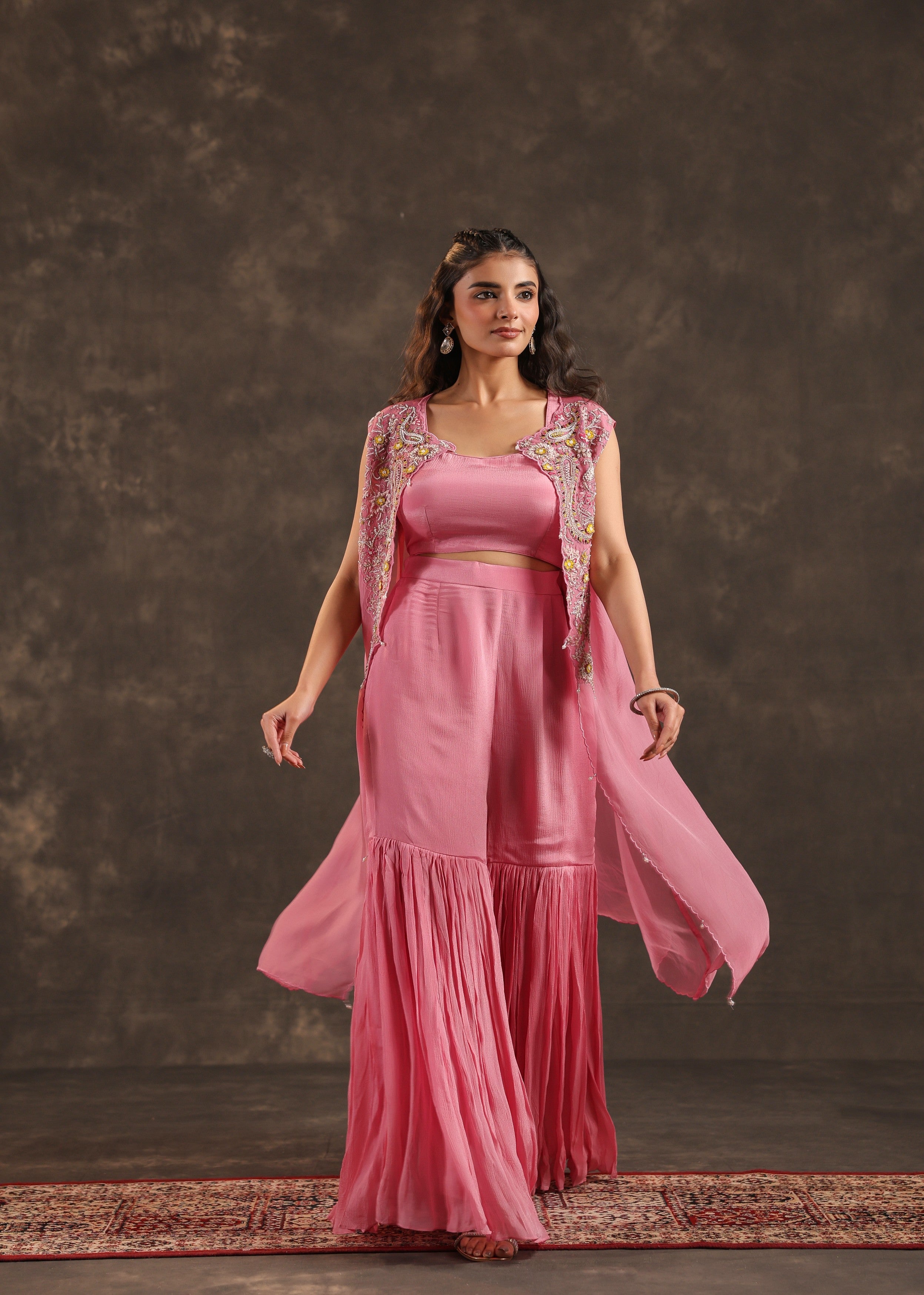 Rose Flora Embellished Chinon Silk Sharara Set