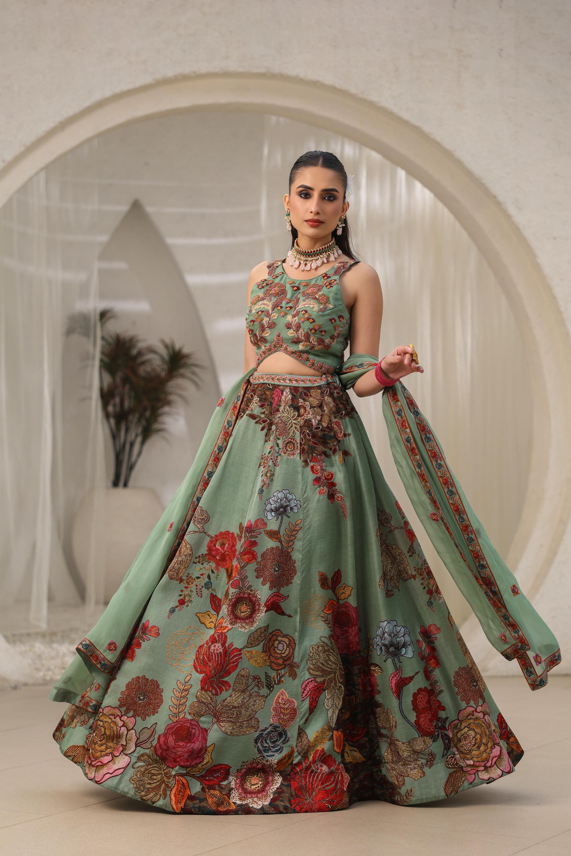 Jade Green Floral Printed Premium Organza Silk Lehenga Set