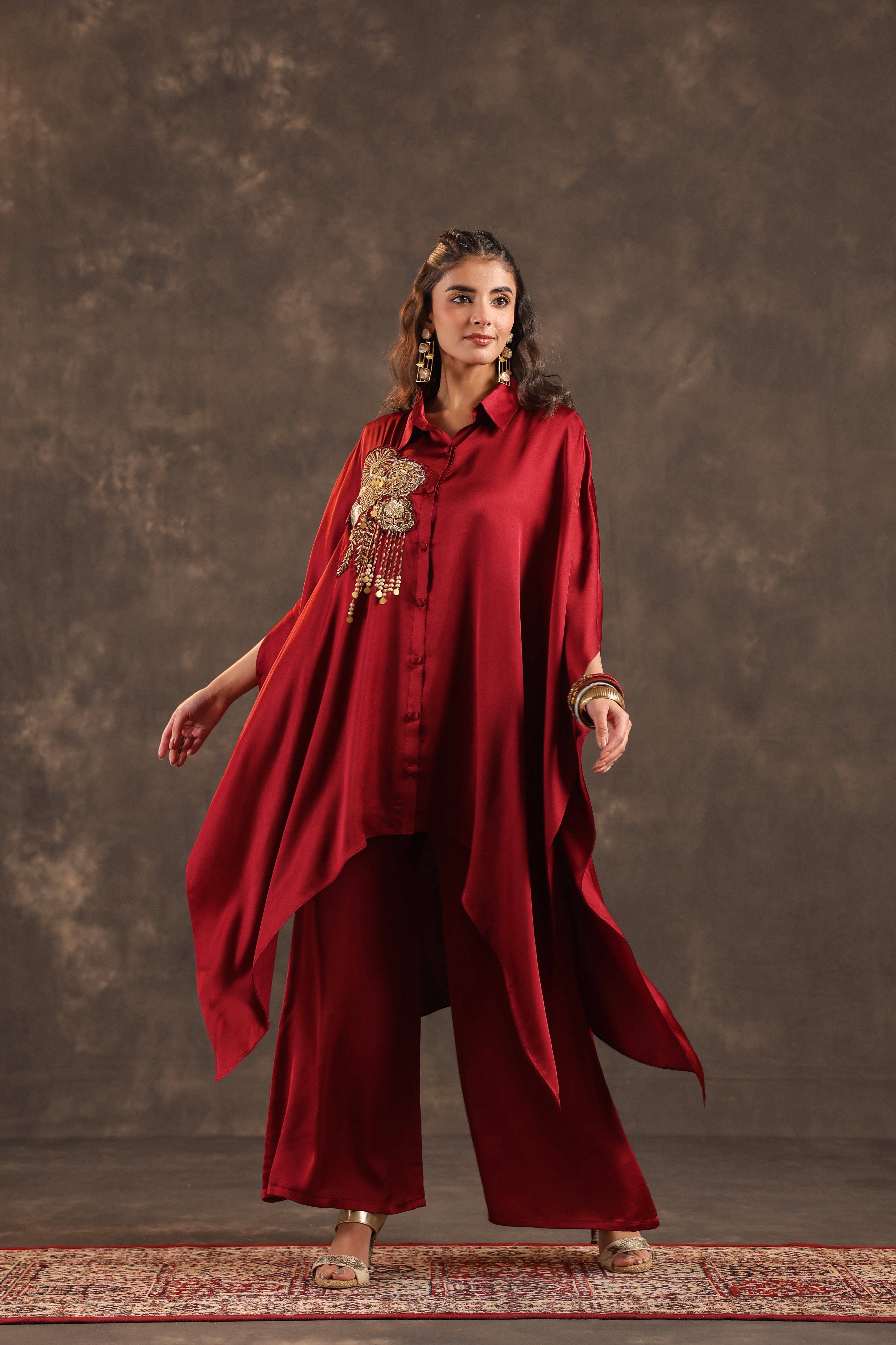 Metallic Red Embellished Modal Satin Silk Co-Ord Set