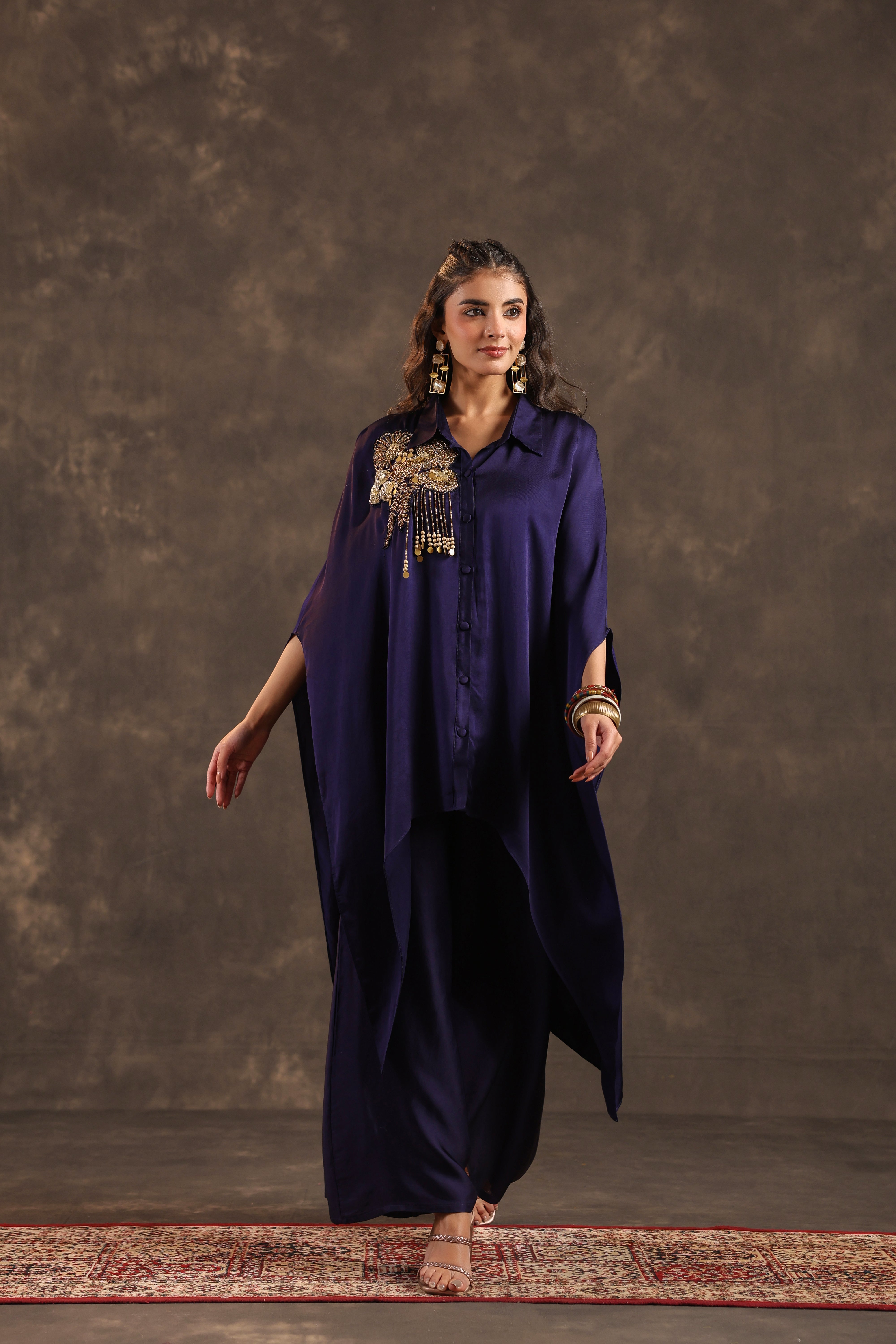 Metallic Indigo Embellished Modal Satin Silk Co-Ord Set