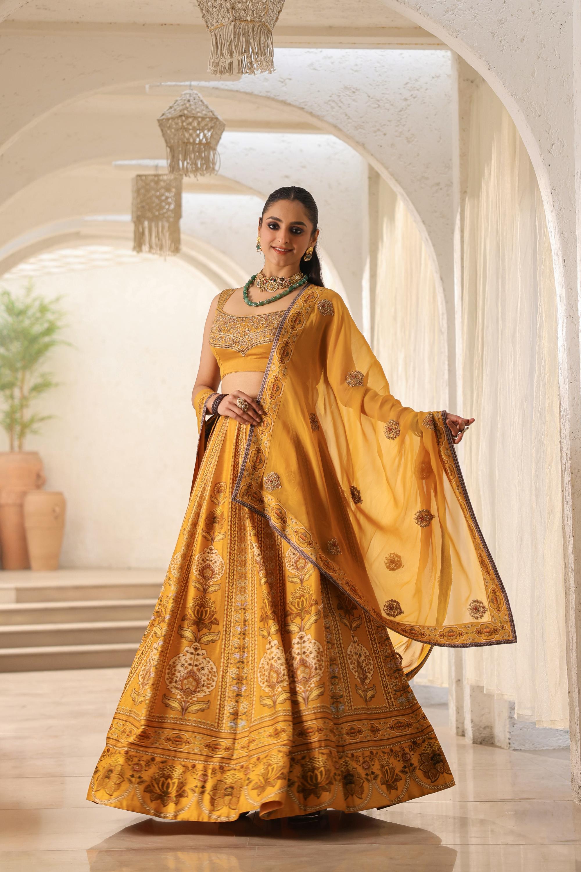 Mustard Traditional Printed Raw Silk Lehenga Set