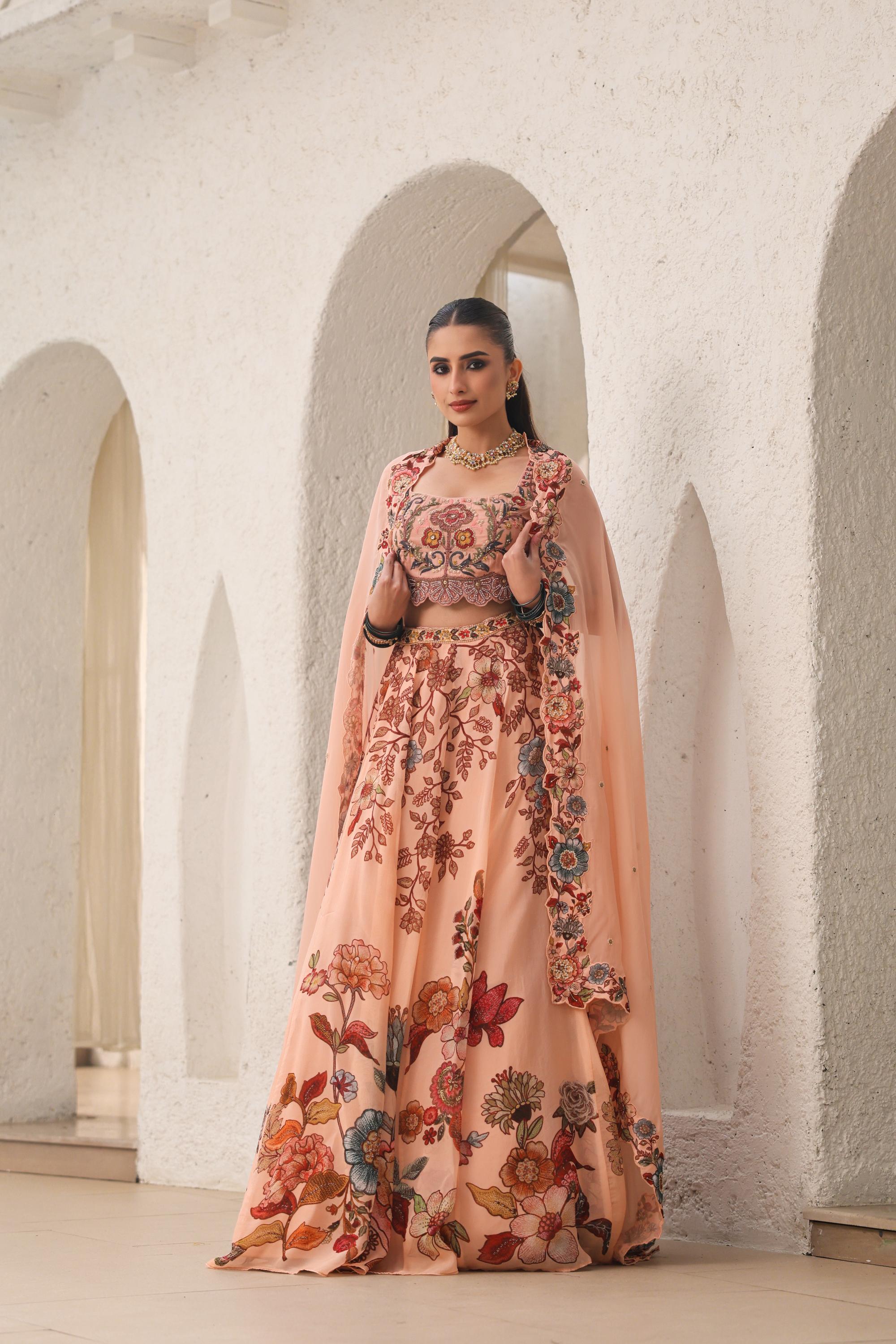 Creamy Peach Floral Embroidered Premium Organza Silk Lehenga Set