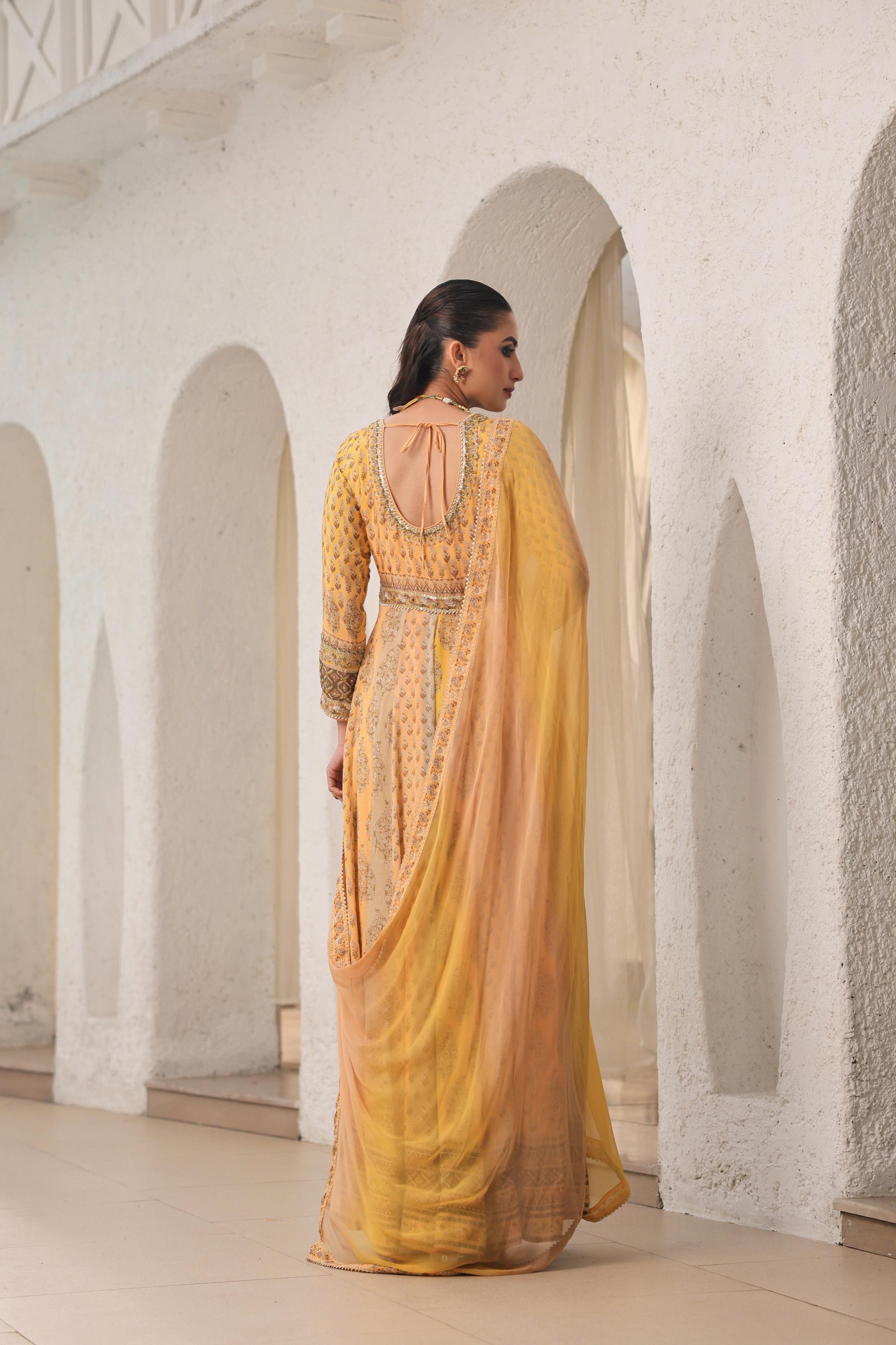 Mustard Yellow Traditional Printed Chinon Silk Anarkali Set