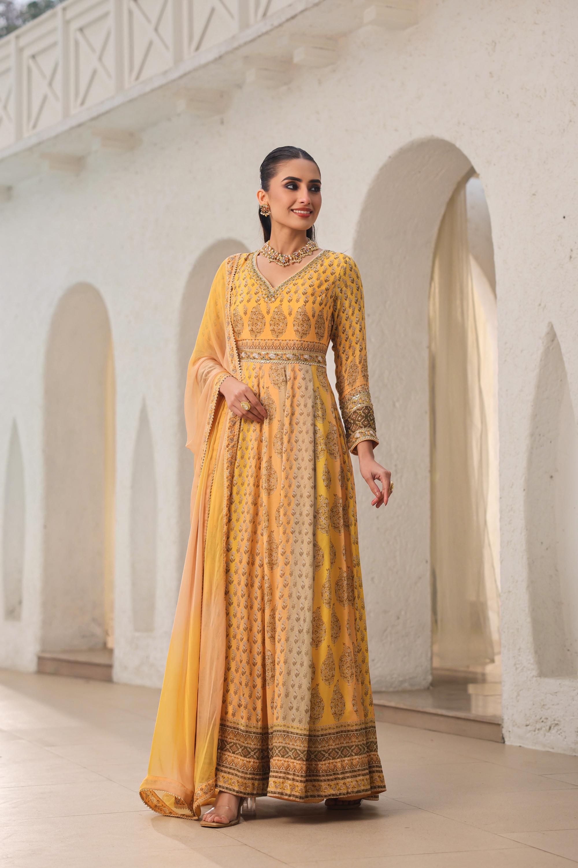 Mustard Yellow Traditional Printed Chinon Silk Anarkali Set