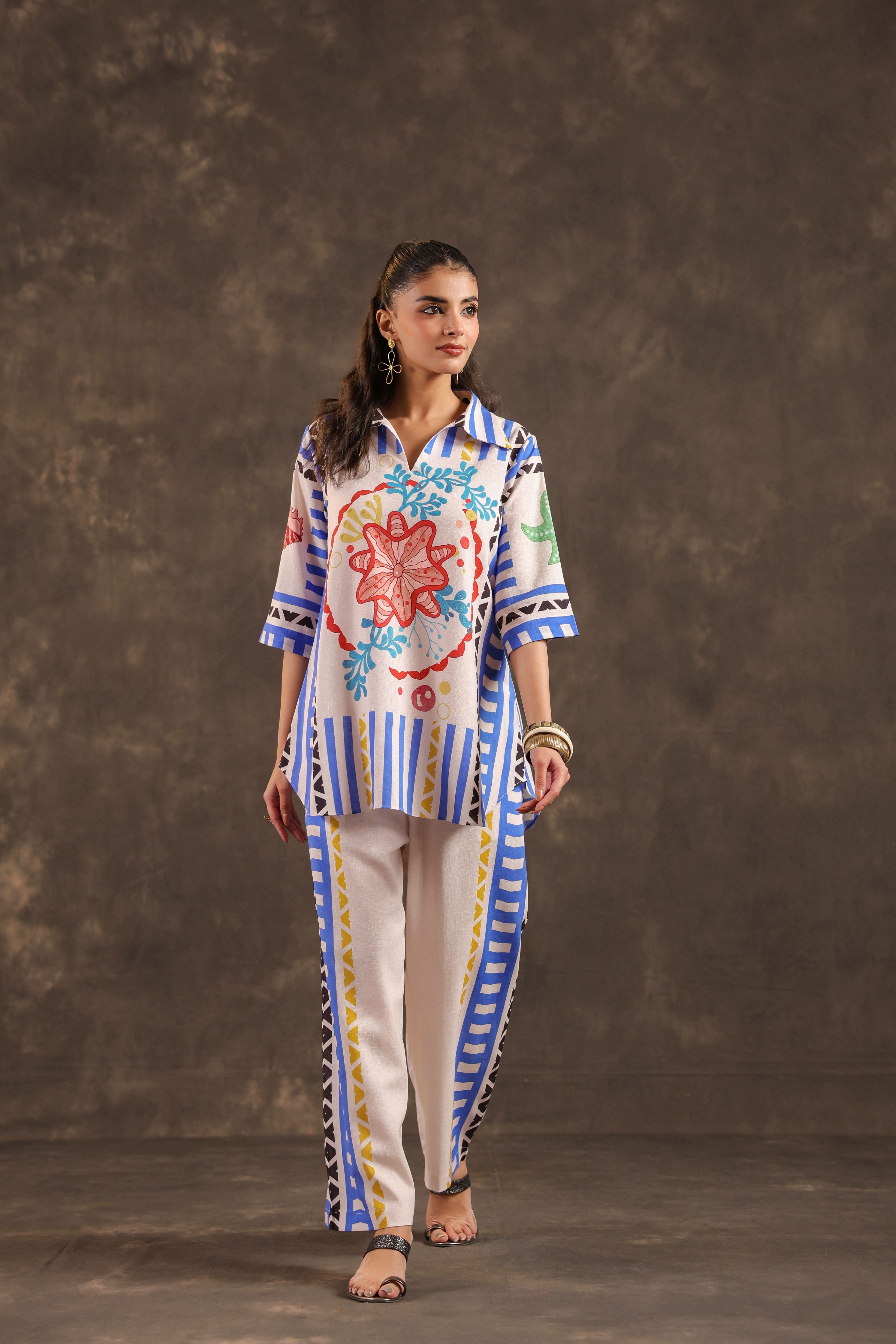 Blue Fiesta Printed Linen Co-Ord Set