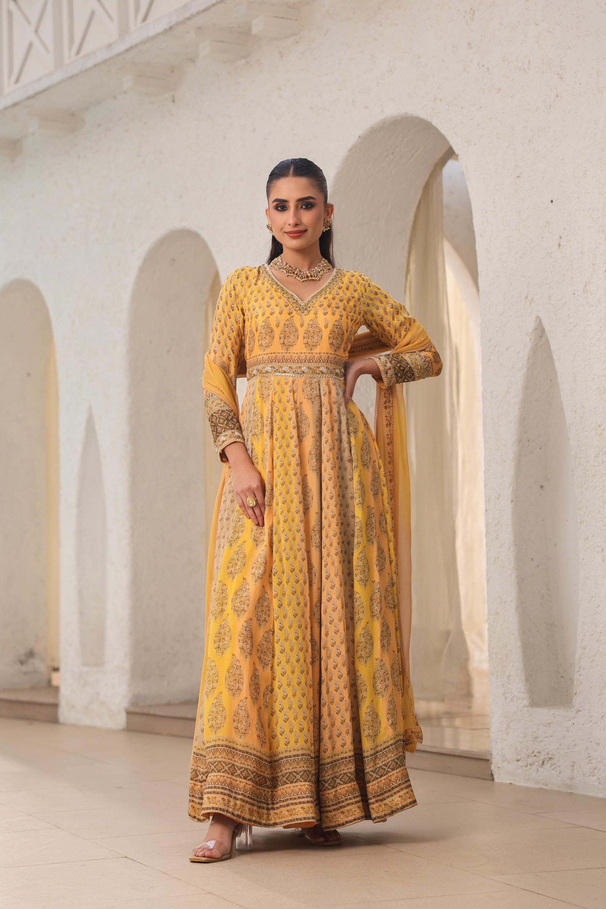 Mustard Yellow Traditional Printed Chinon Silk Anarkali Set