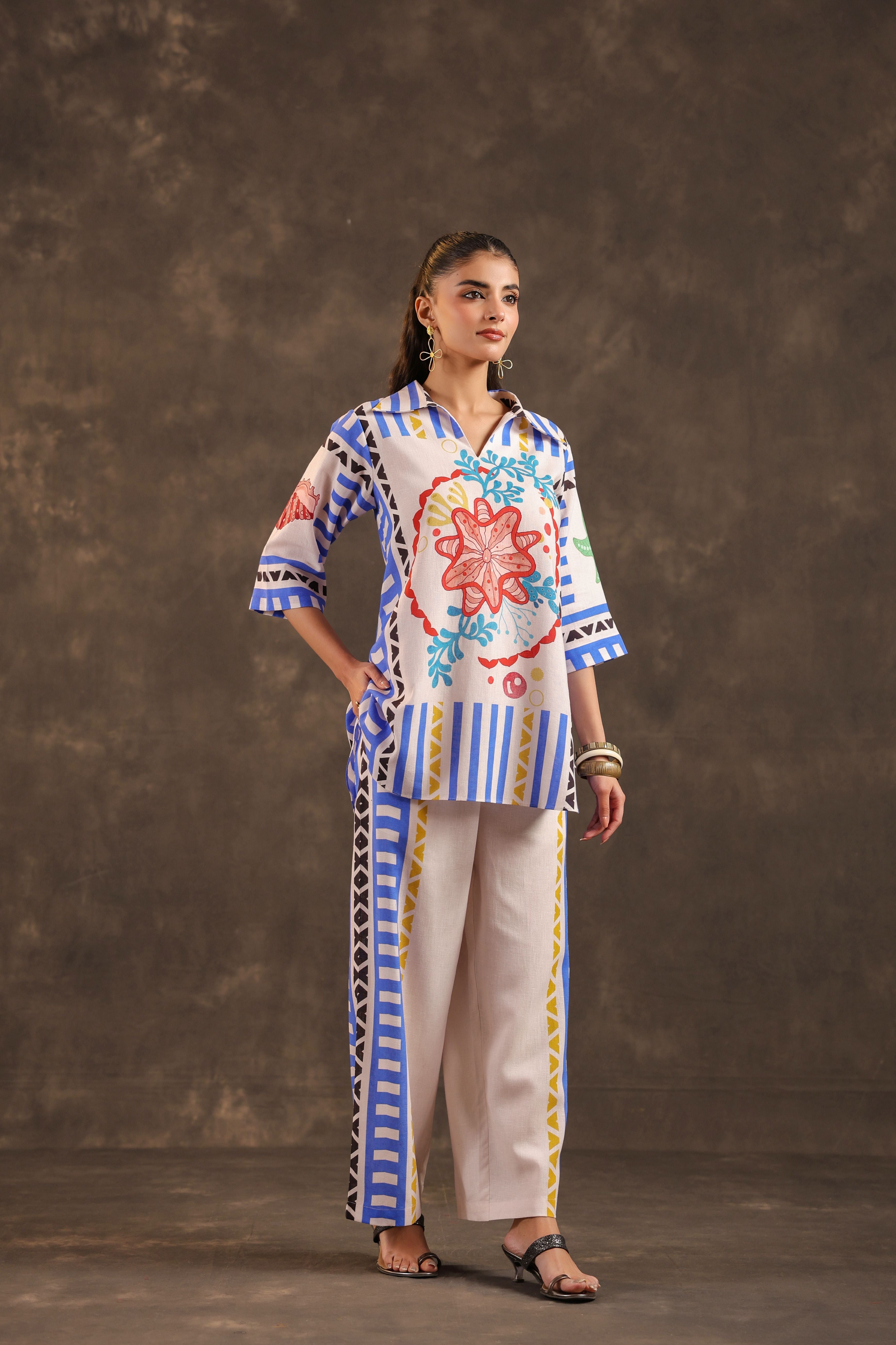 Blue Fiesta Printed Linen Co-Ord Set