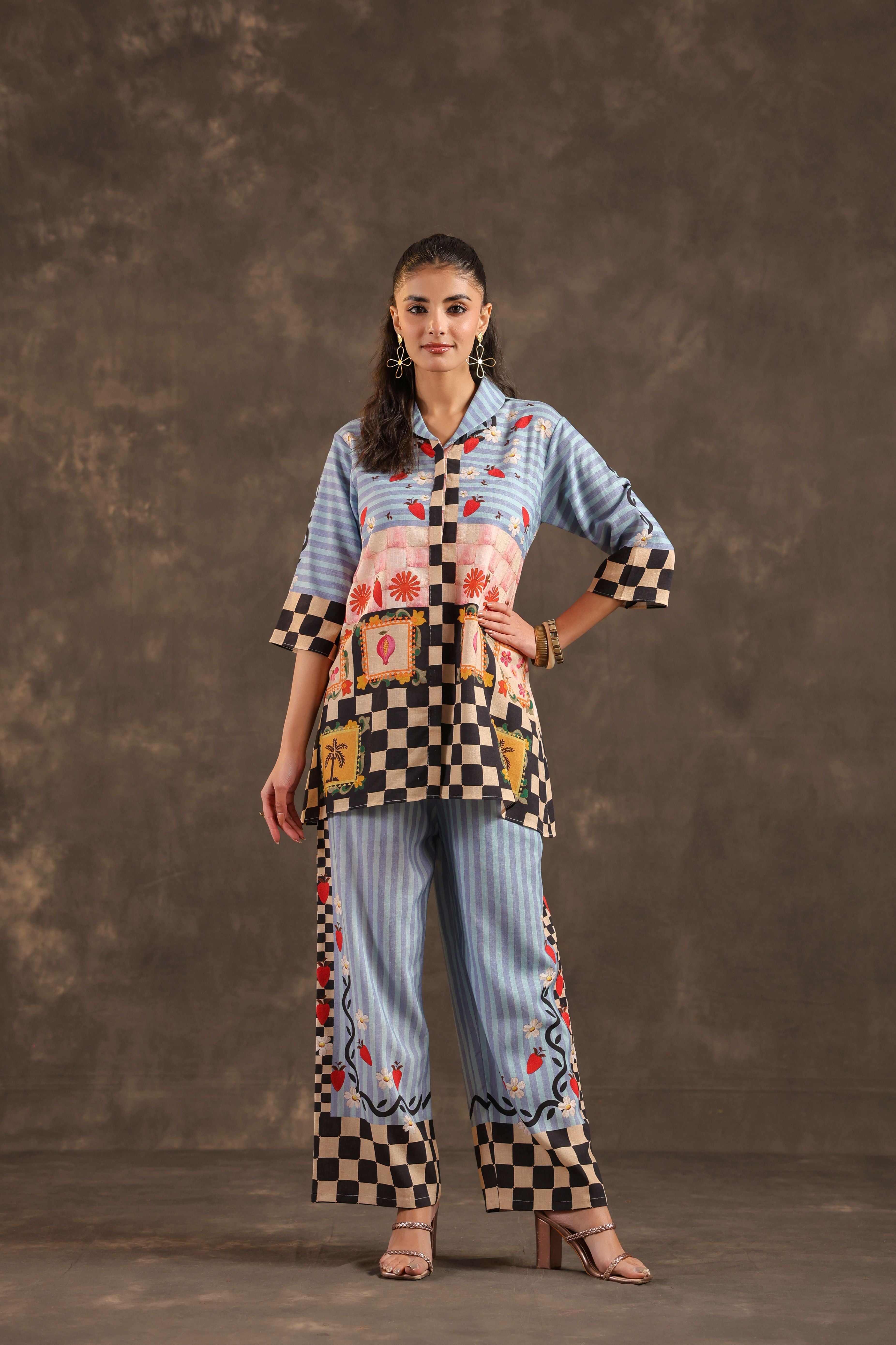 Powder Blue Printed Linen Co-Ord Set