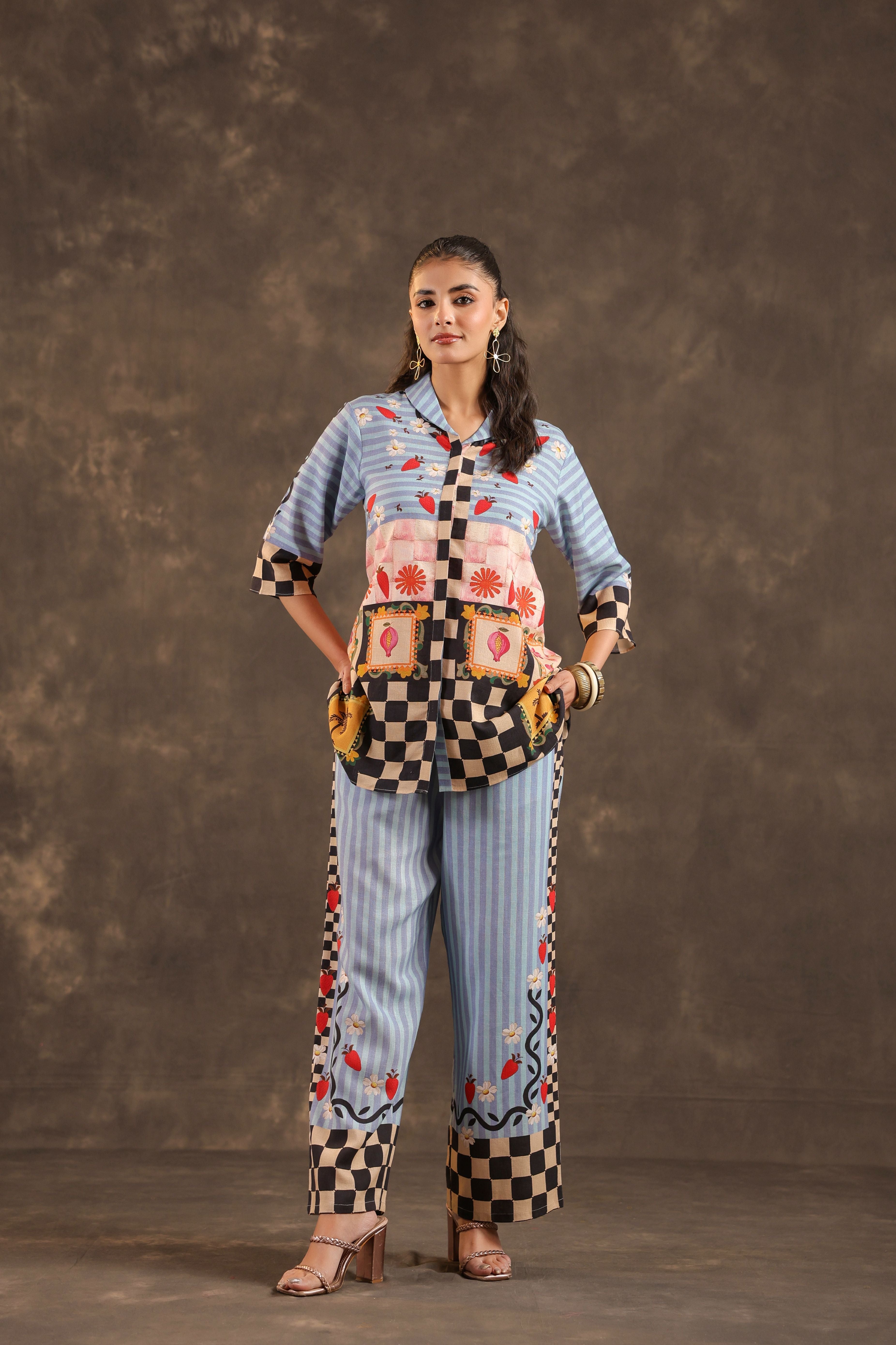 Powder Blue Printed Linen Co-Ord Set